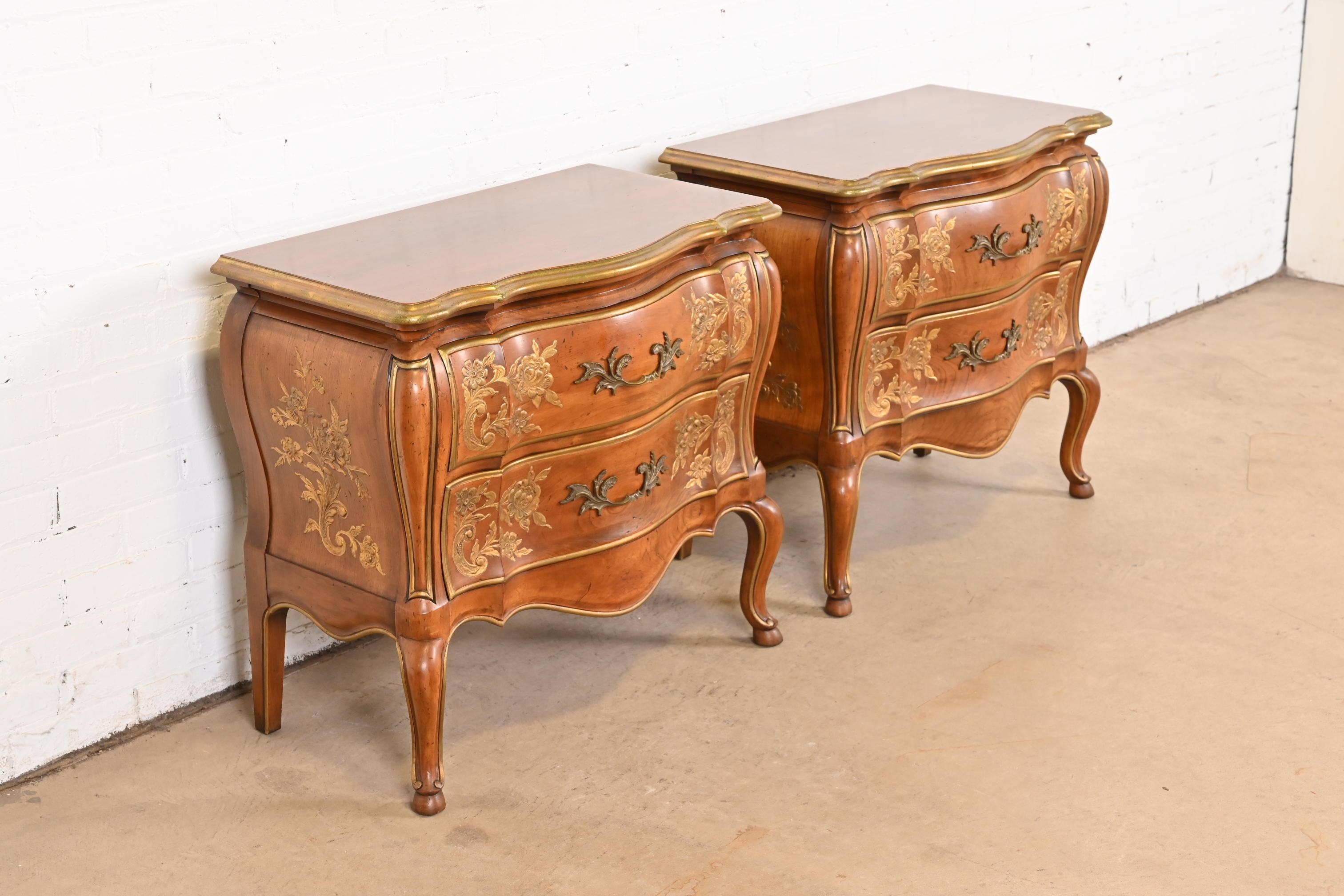 Brass John Widdicomb French Provincial Louis XV Bombay Form Cherry Wood Nightstands For Sale