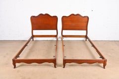 John Widdicomb French Provincial Louis XV Carved Cherry Wood Twin Beds, Pair