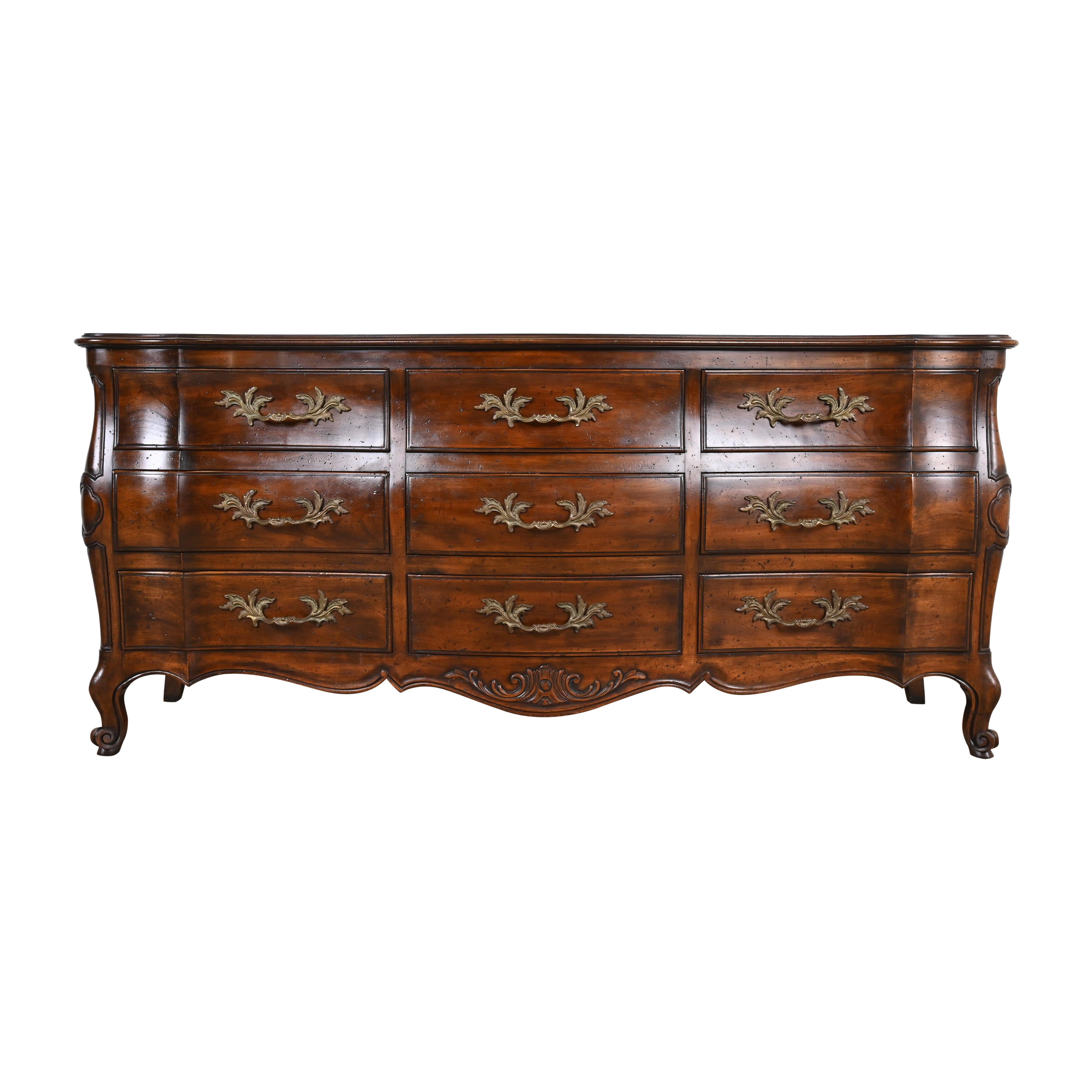 John Widdicomb French Provincial Louis XV Carved Walnut Triple Dresser, 1960s