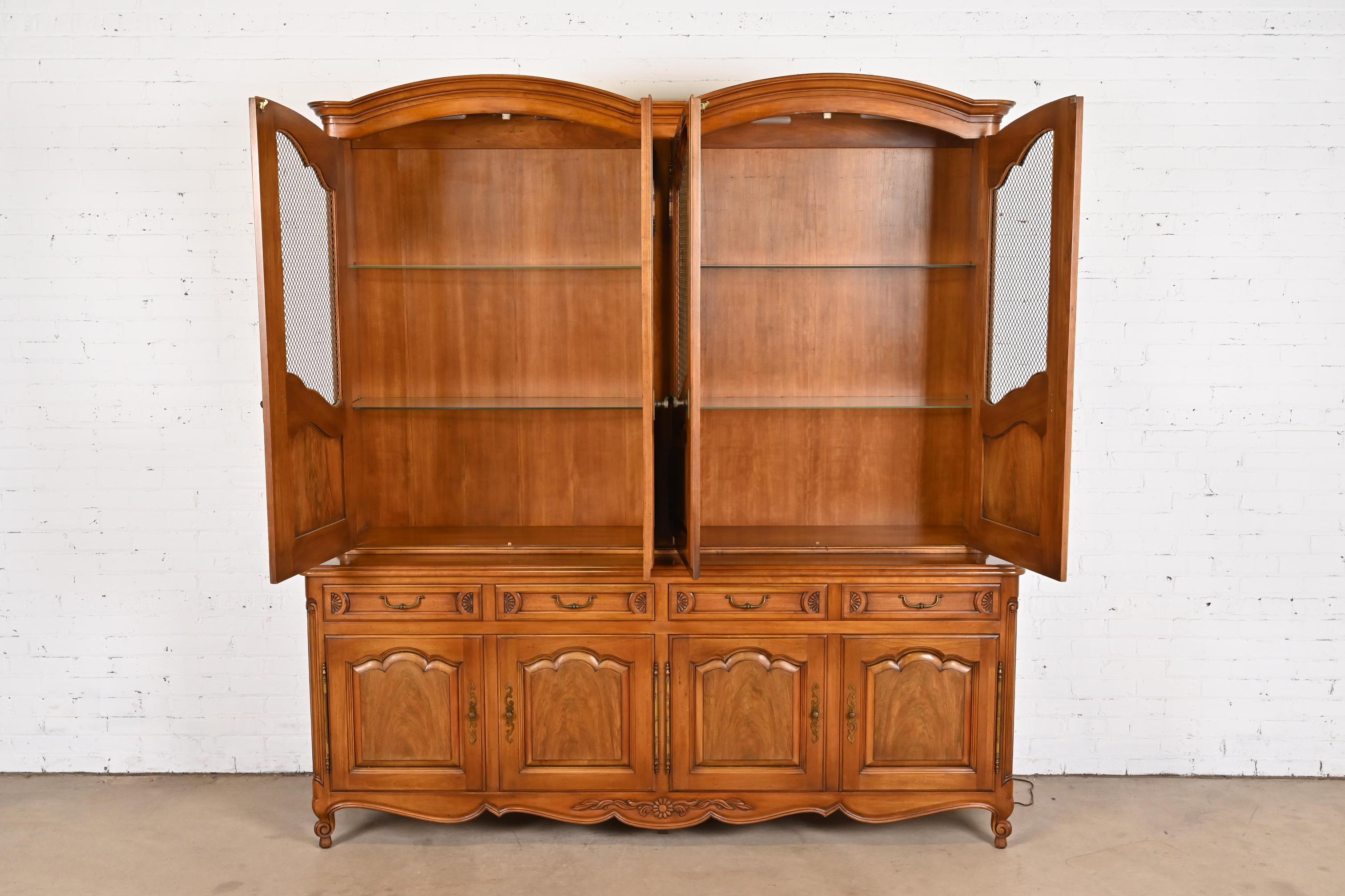 Brass John Widdicomb French Provincial Louis XV Cherry Breakfront Bookcase Cabinet
