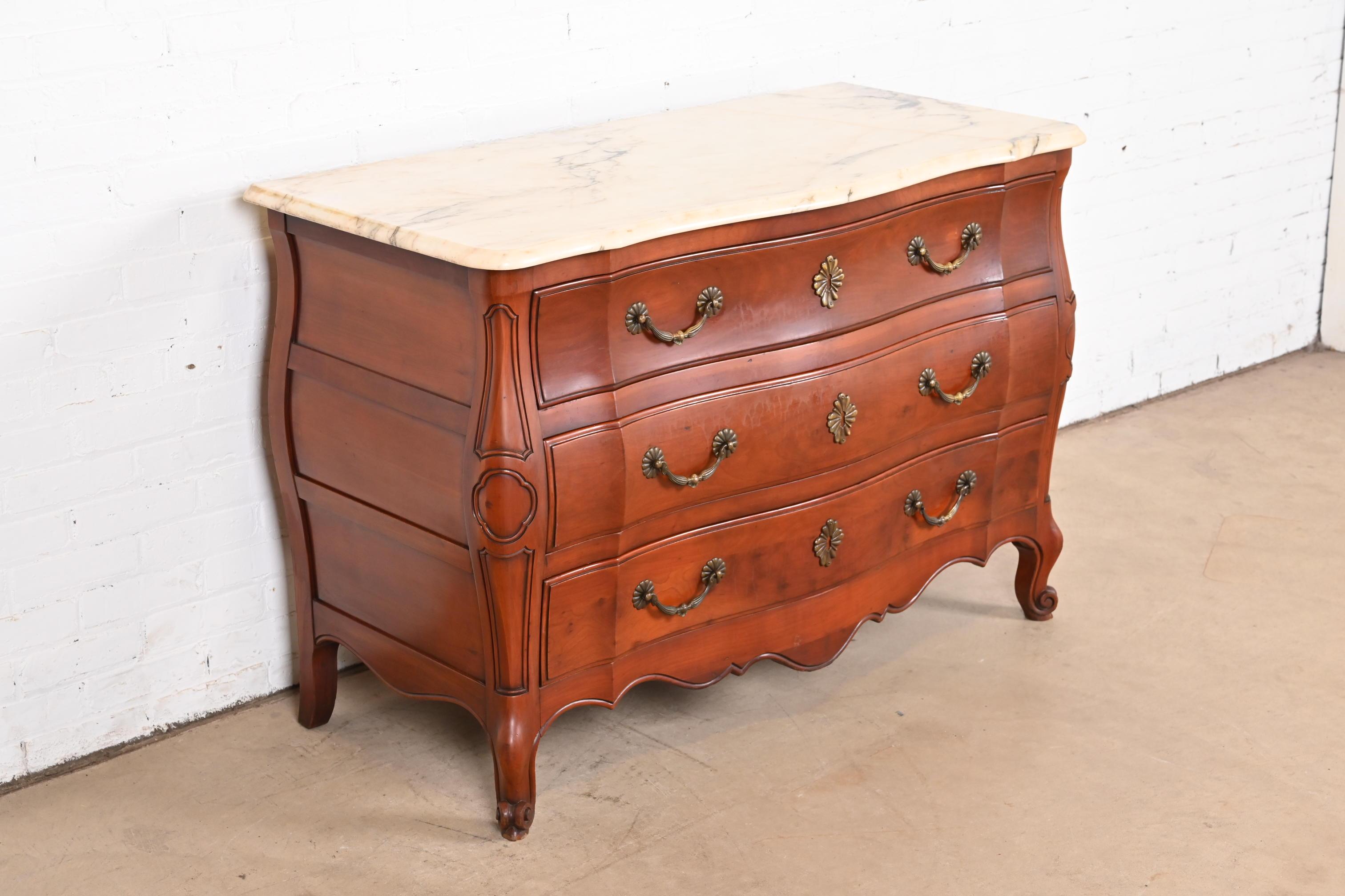 Brass John Widdicomb French Provincial Louis XV Cherry Marble Top Chest of Drawers For Sale