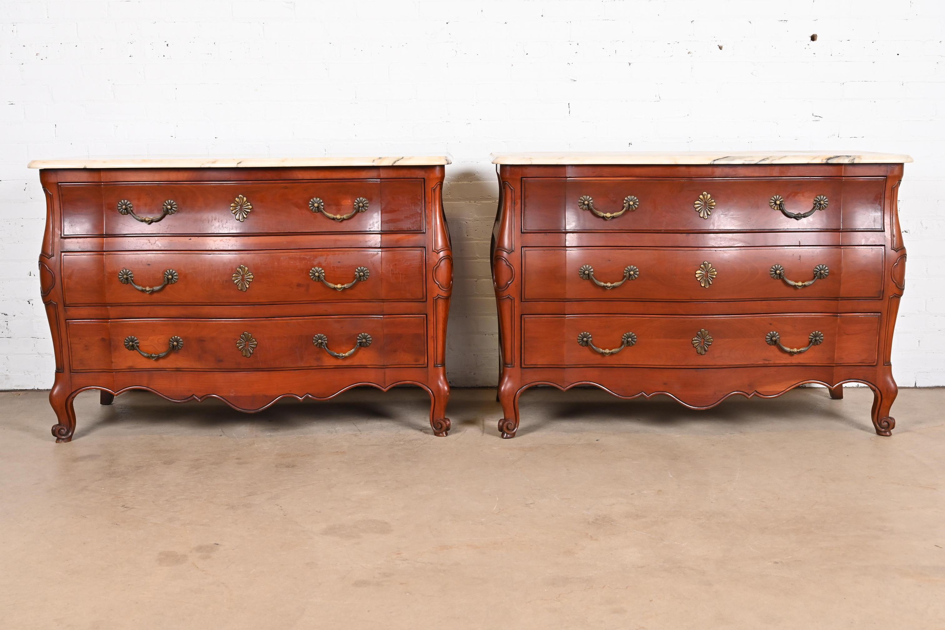 American John Widdicomb French Provincial Louis XV Cherry Marble Top Chests of Drawers For Sale