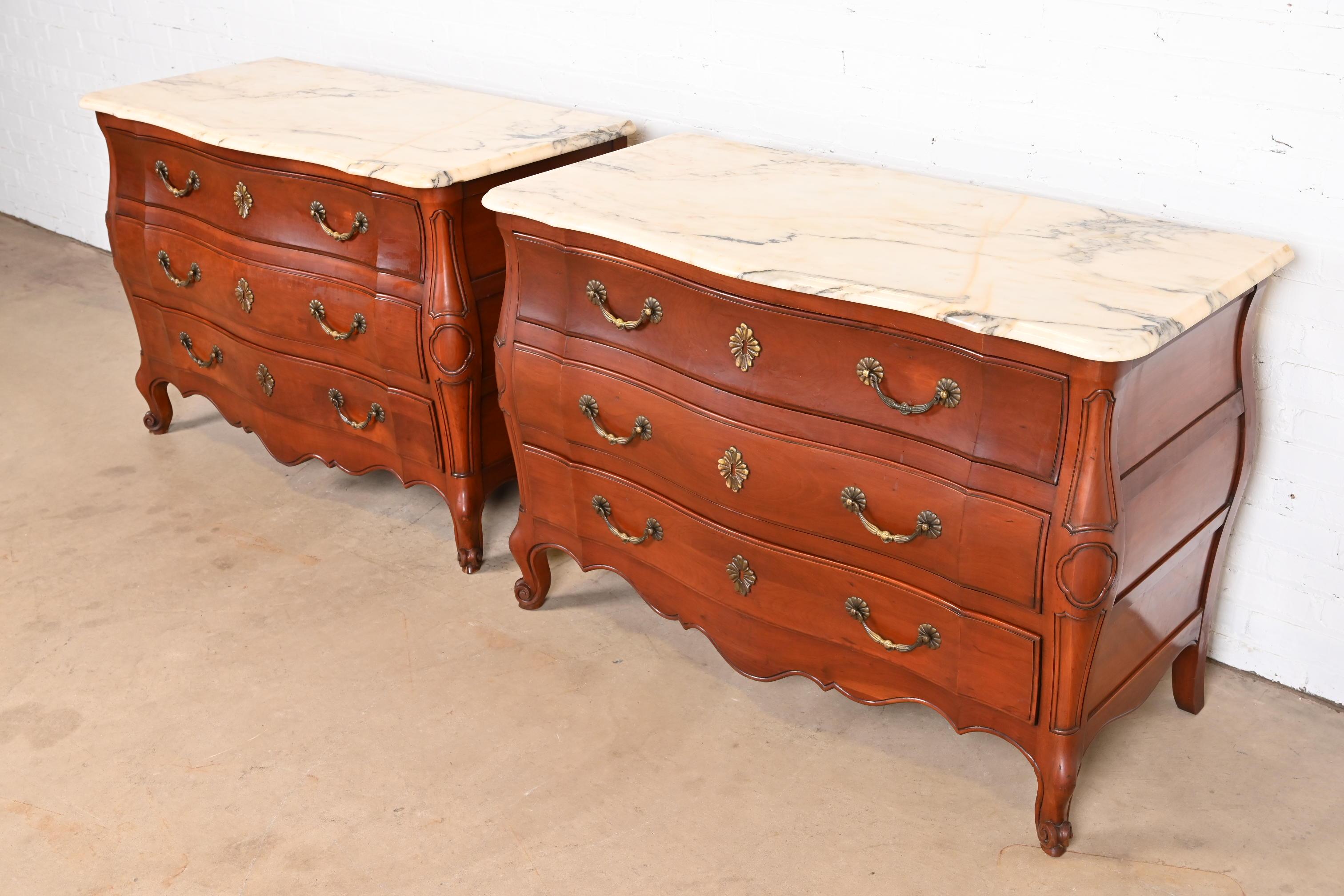 John Widdicomb French Provincial Louis XV Cherry Marble Top Chests of Drawers In Good Condition For Sale In South Bend, IN