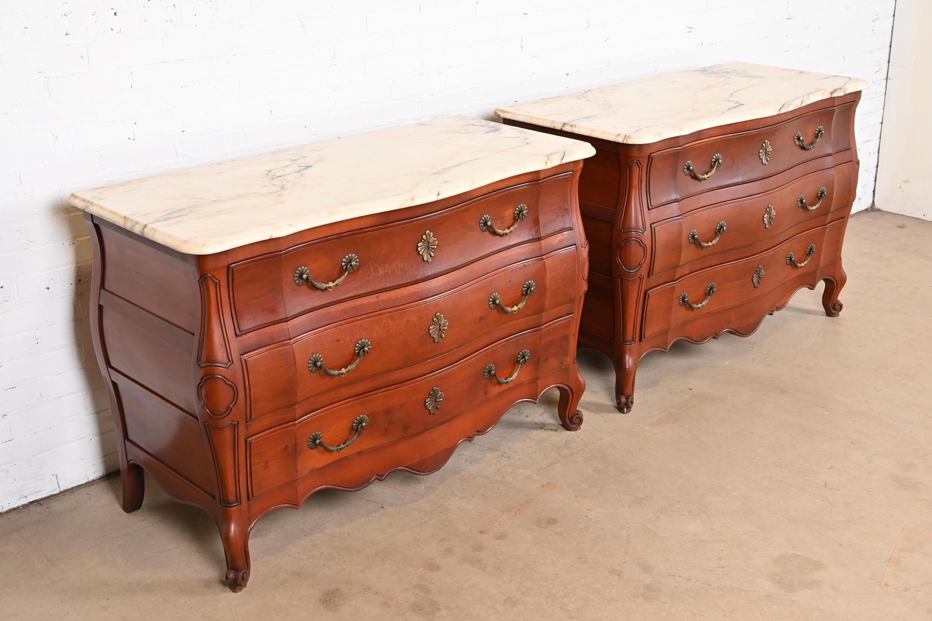 Brass John Widdicomb French Provincial Louis XV Cherry Marble Top Chests of Drawers For Sale