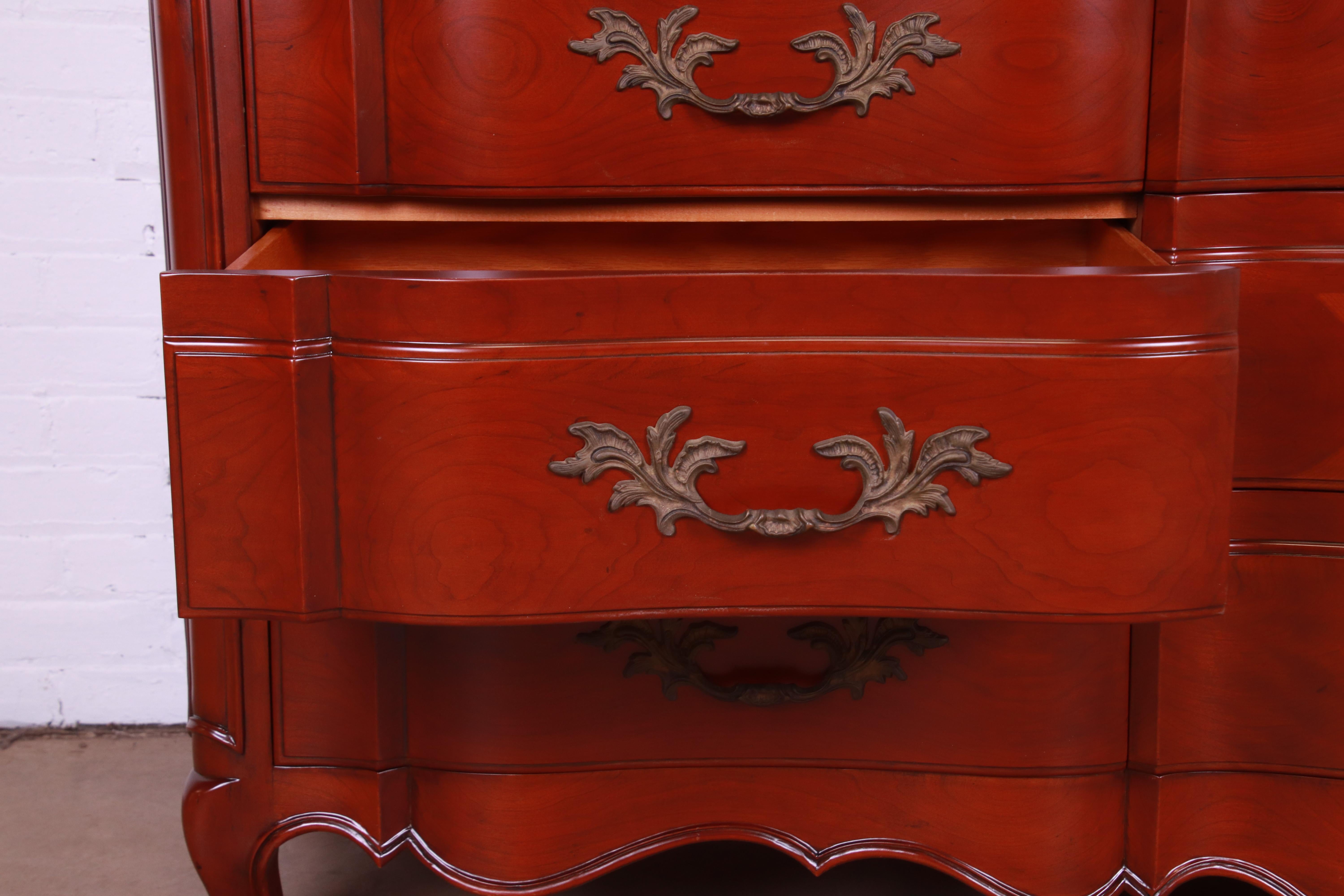 Brass John Widdicomb French Provincial Louis XV Cherry Wood Dresser, Newly Refinished For Sale
