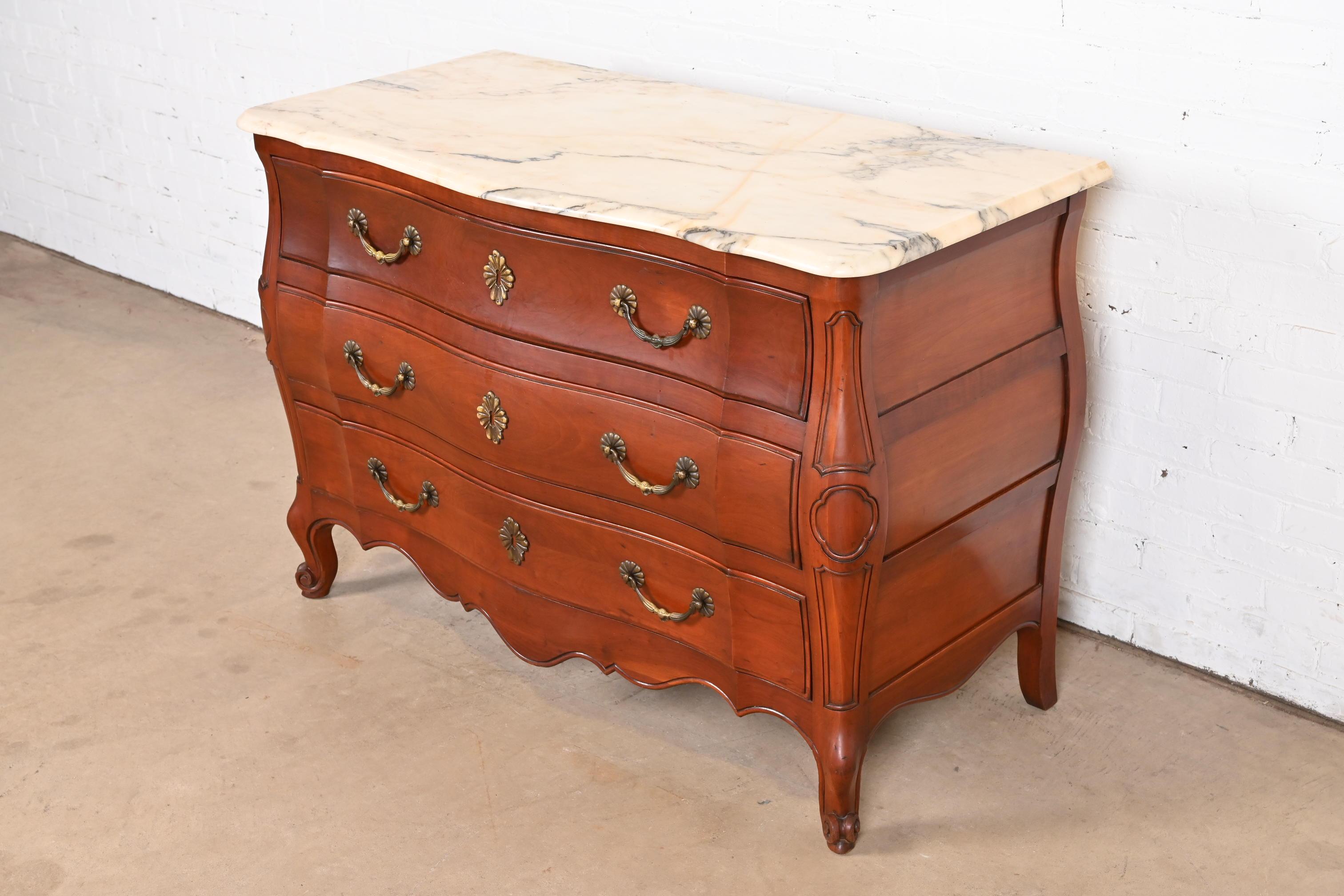John Widdicomb French Provincial Louis XV Cherry Wood Marble Top Dresser Chest In Good Condition For Sale In South Bend, IN