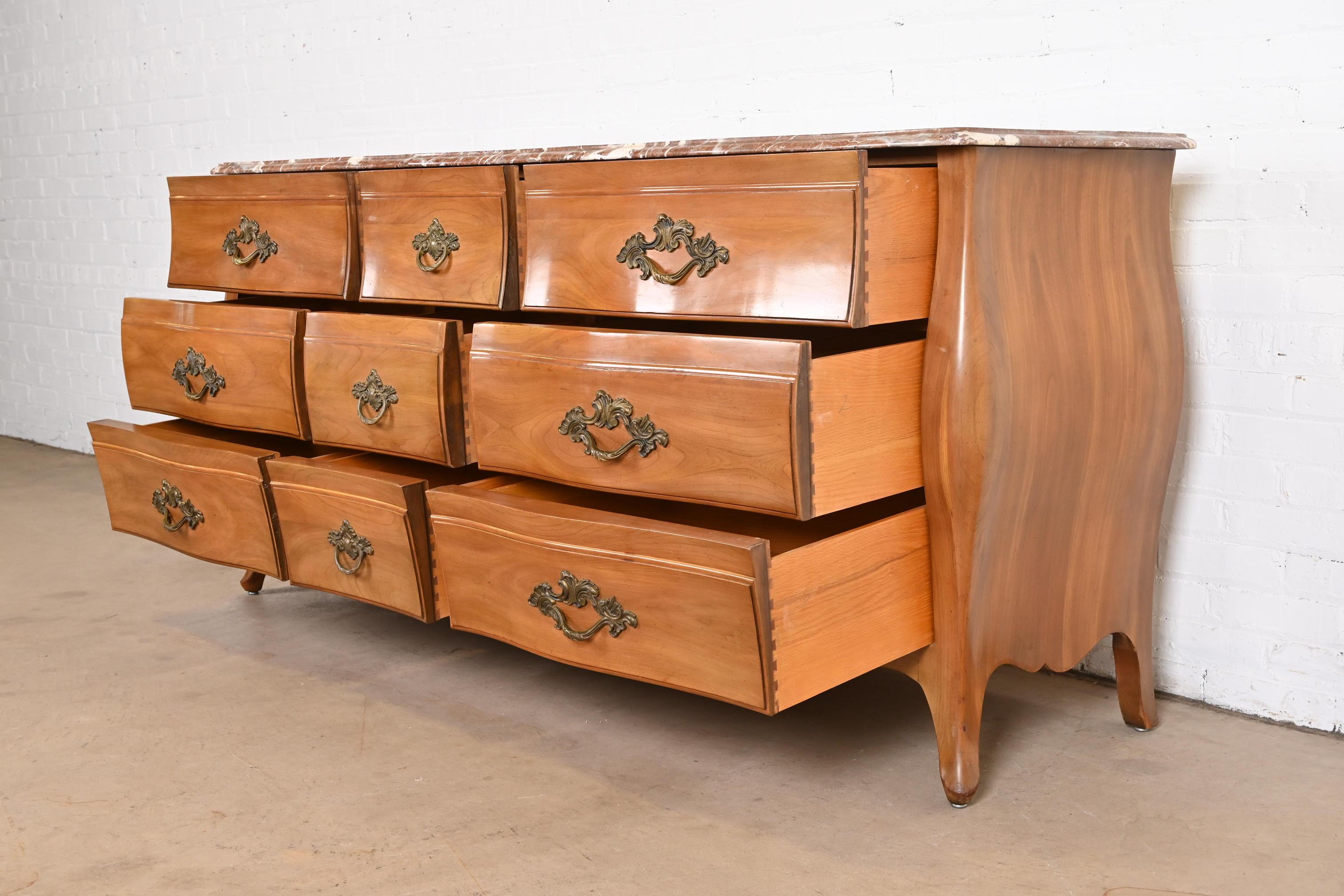 John Widdicomb French Provincial Louis XV Cherry Wood Marble Top Triple Dresser For Sale 4