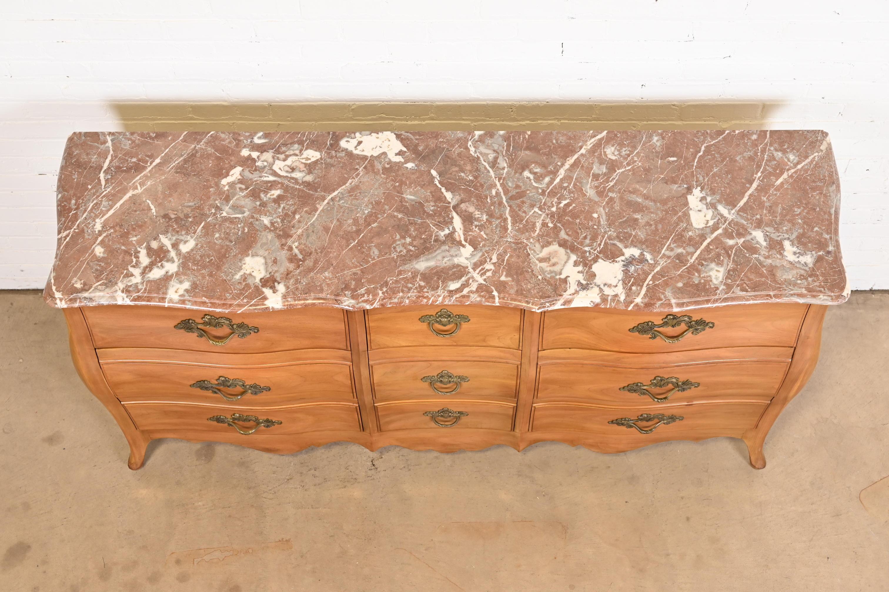 John Widdicomb French Provincial Louis XV Cherry Wood Marble Top Triple Dresser For Sale 7