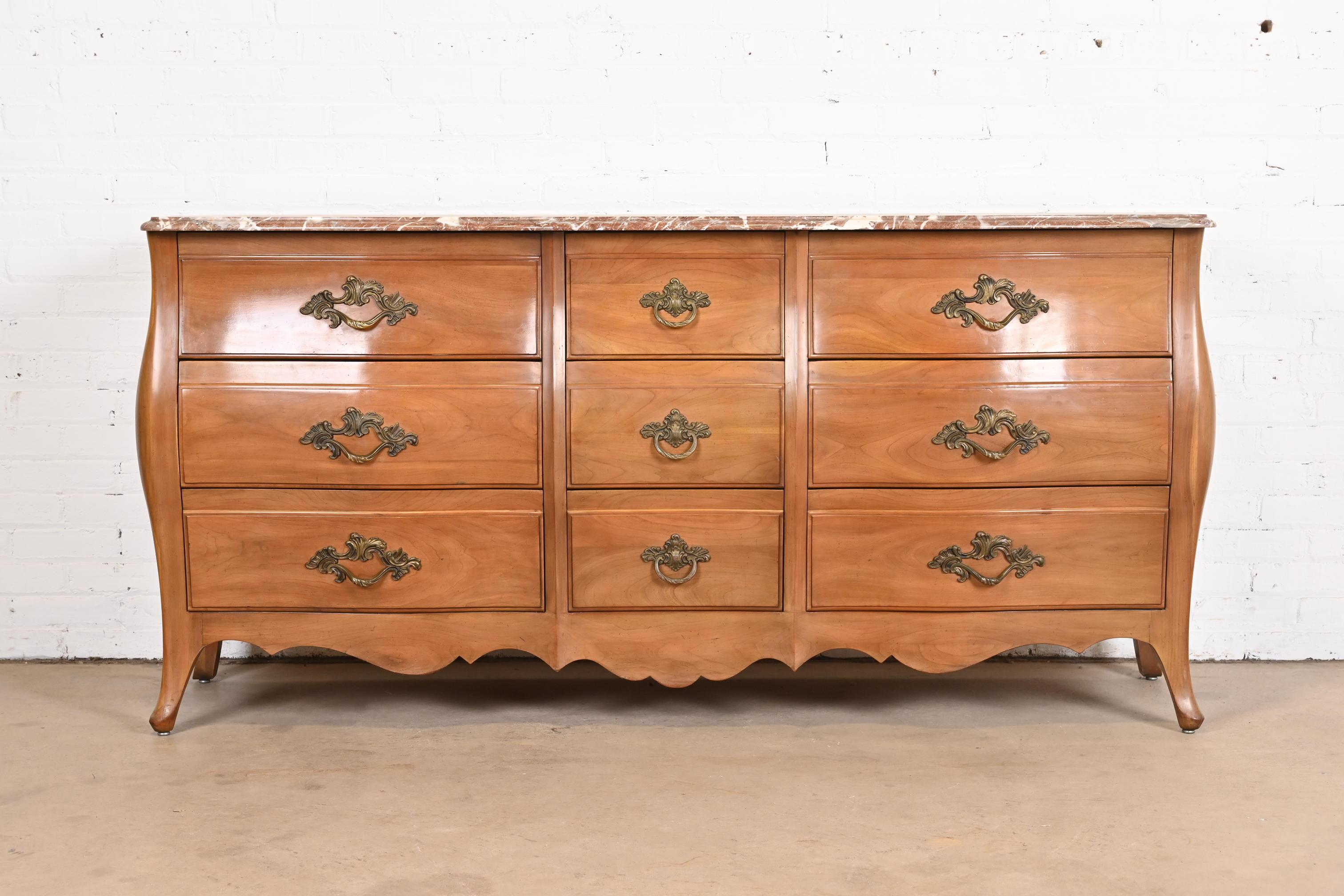 American John Widdicomb French Provincial Louis XV Cherry Wood Marble Top Triple Dresser For Sale