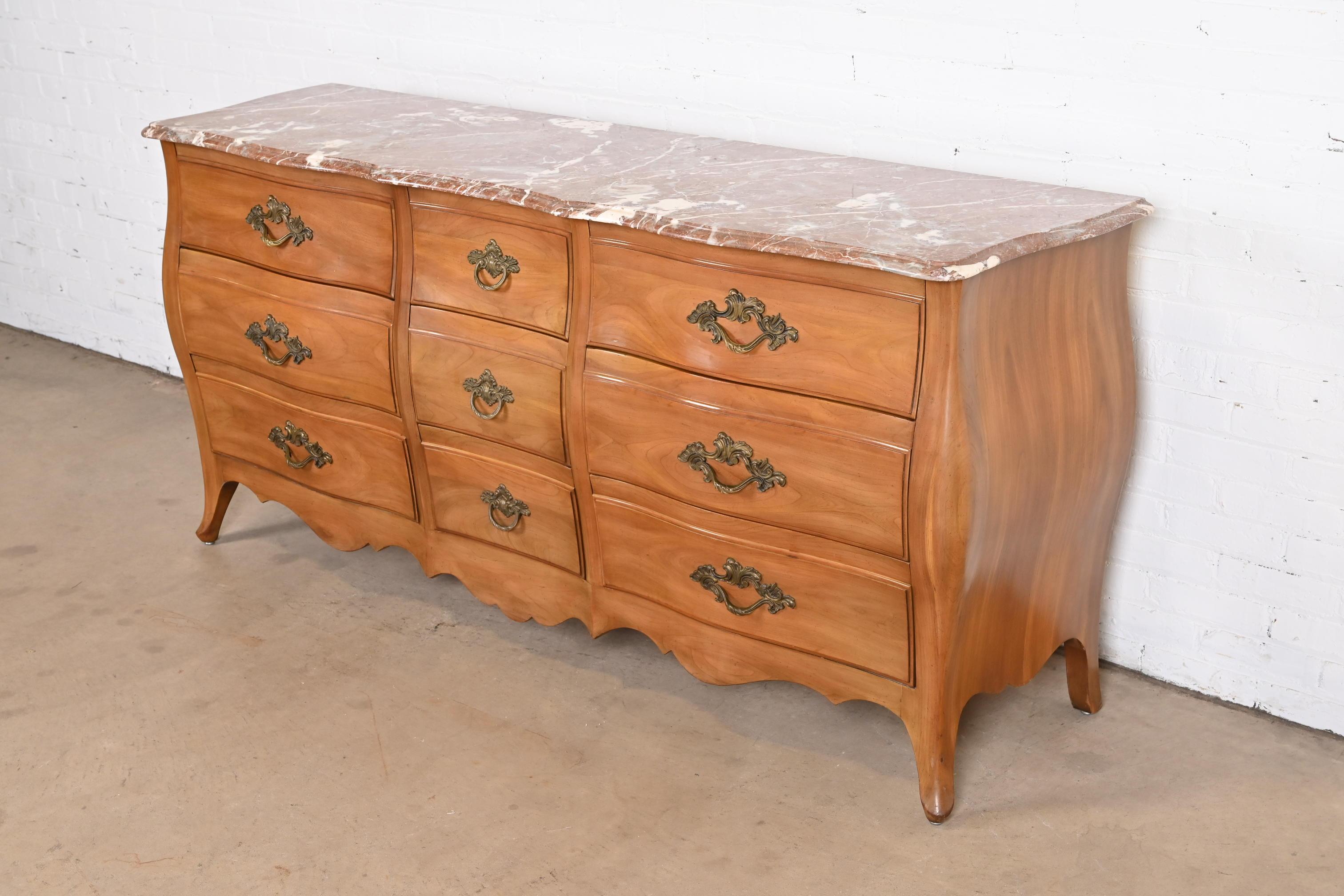 John Widdicomb French Provincial Louis XV Cherry Wood Marble Top Triple Dresser In Good Condition For Sale In South Bend, IN