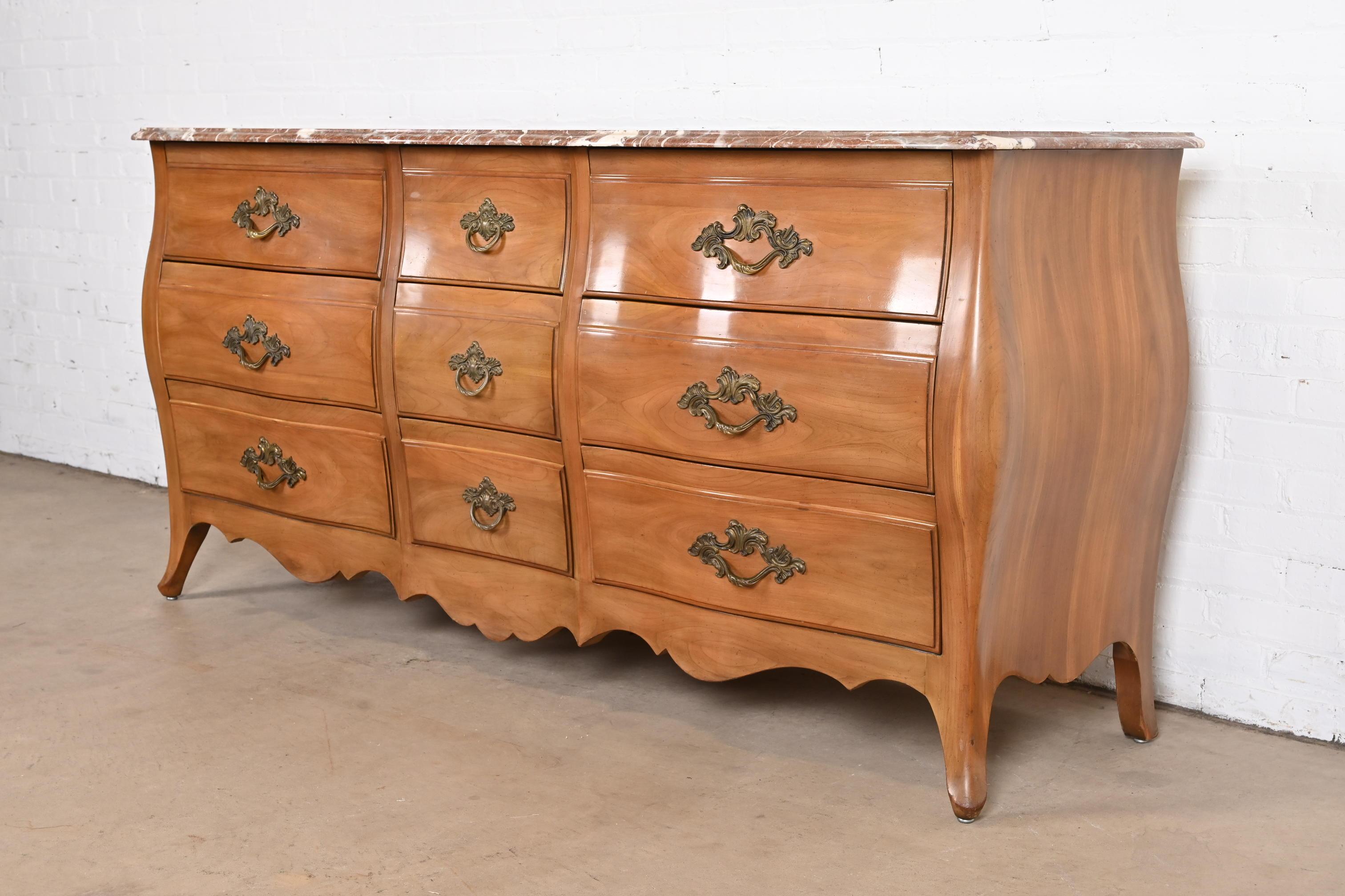 Mid-20th Century John Widdicomb French Provincial Louis XV Cherry Wood Marble Top Triple Dresser For Sale