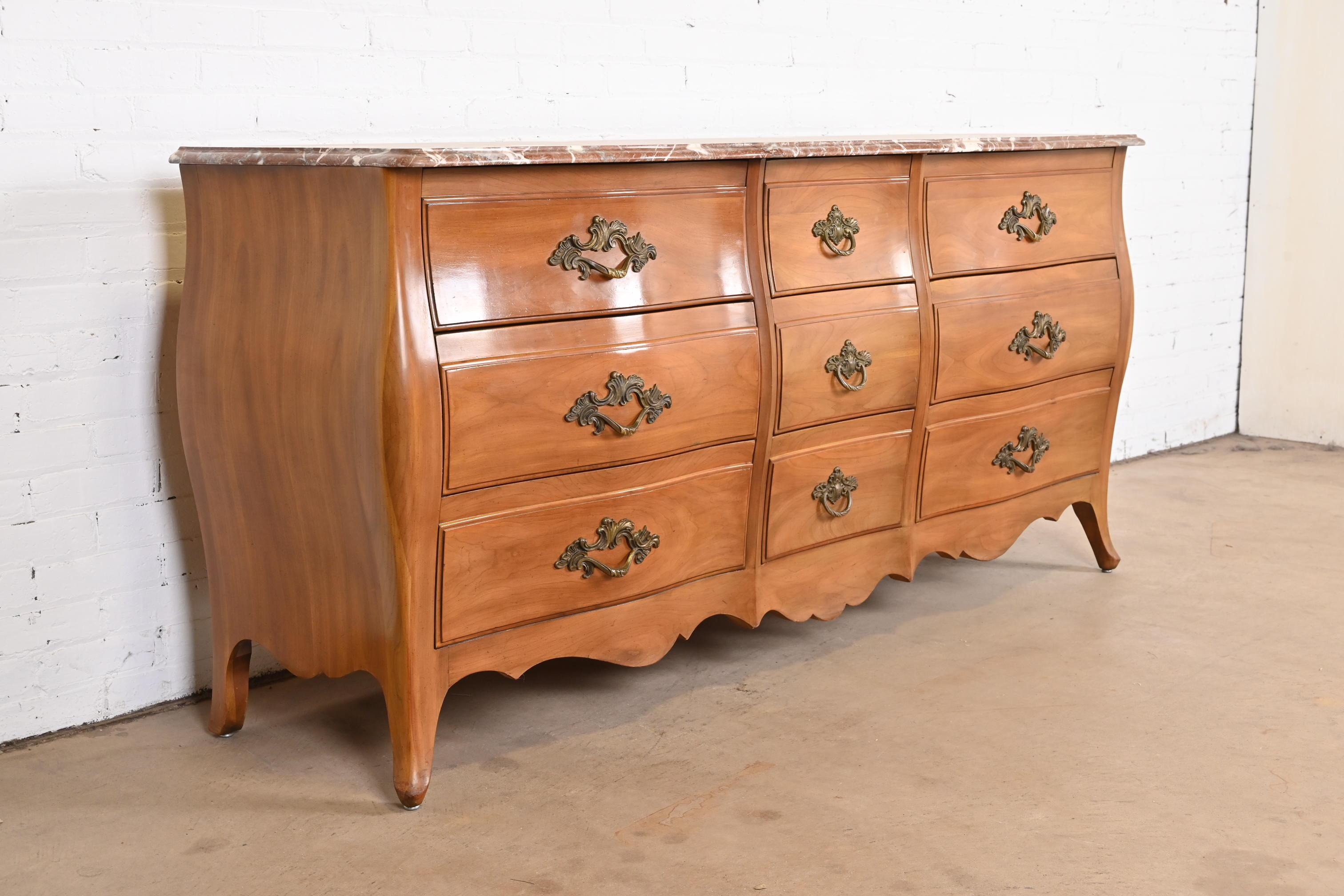 John Widdicomb French Provincial Louis XV Cherry Wood Marble Top Triple Dresser For Sale 1