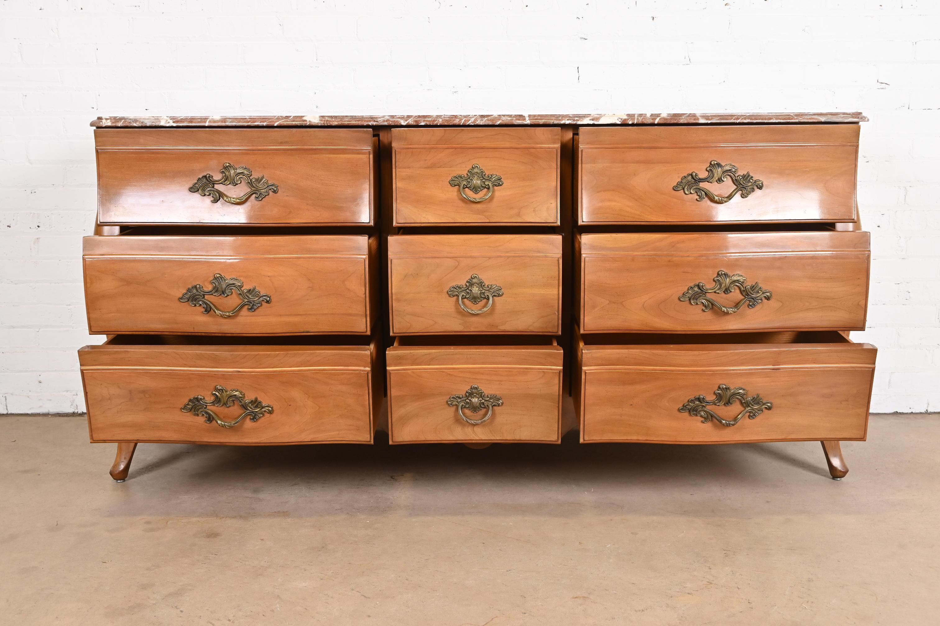 John Widdicomb French Provincial Louis XV Cherry Wood Marble Top Triple Dresser For Sale 2