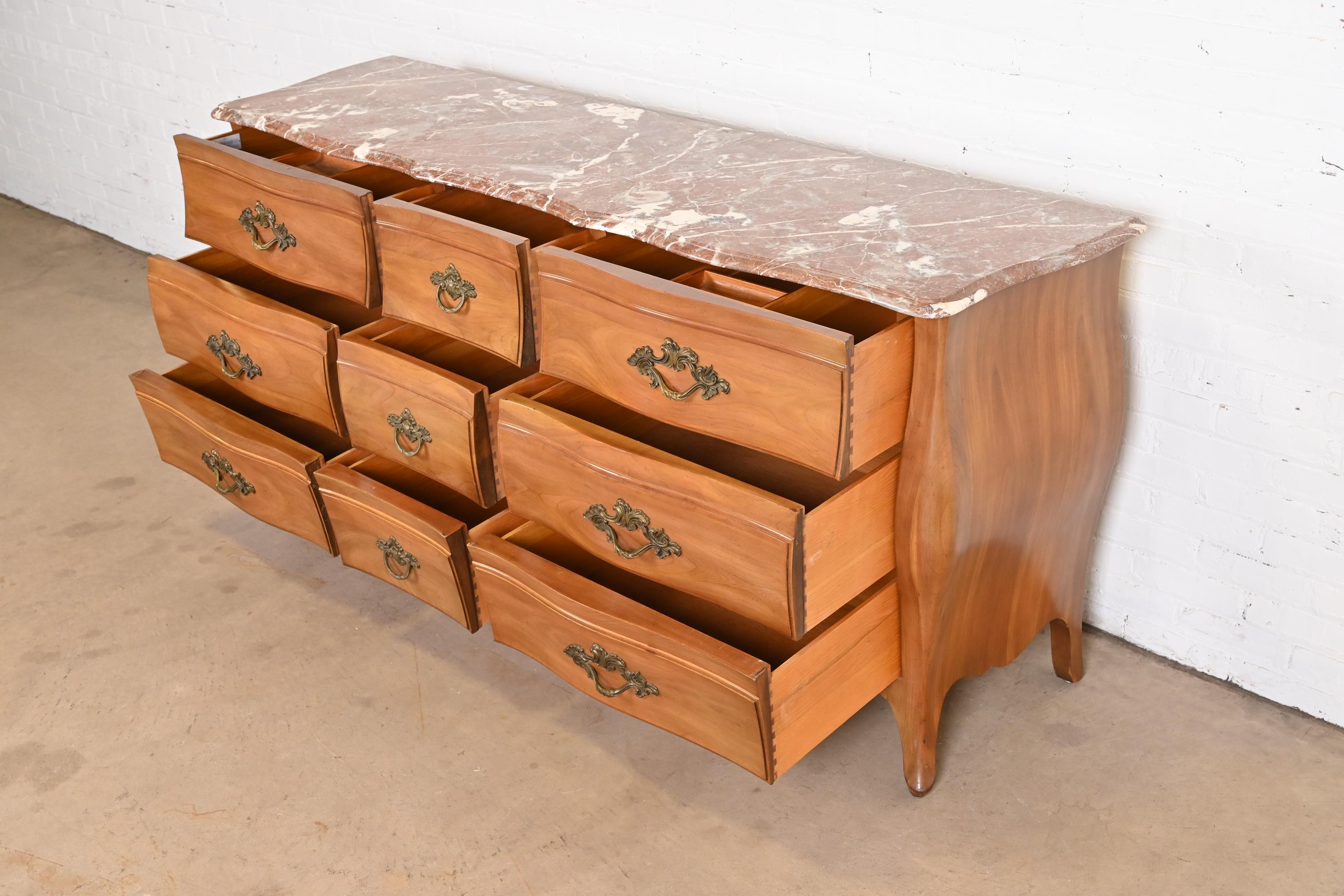 John Widdicomb French Provincial Louis XV Cherry Wood Marble Top Triple Dresser For Sale 3