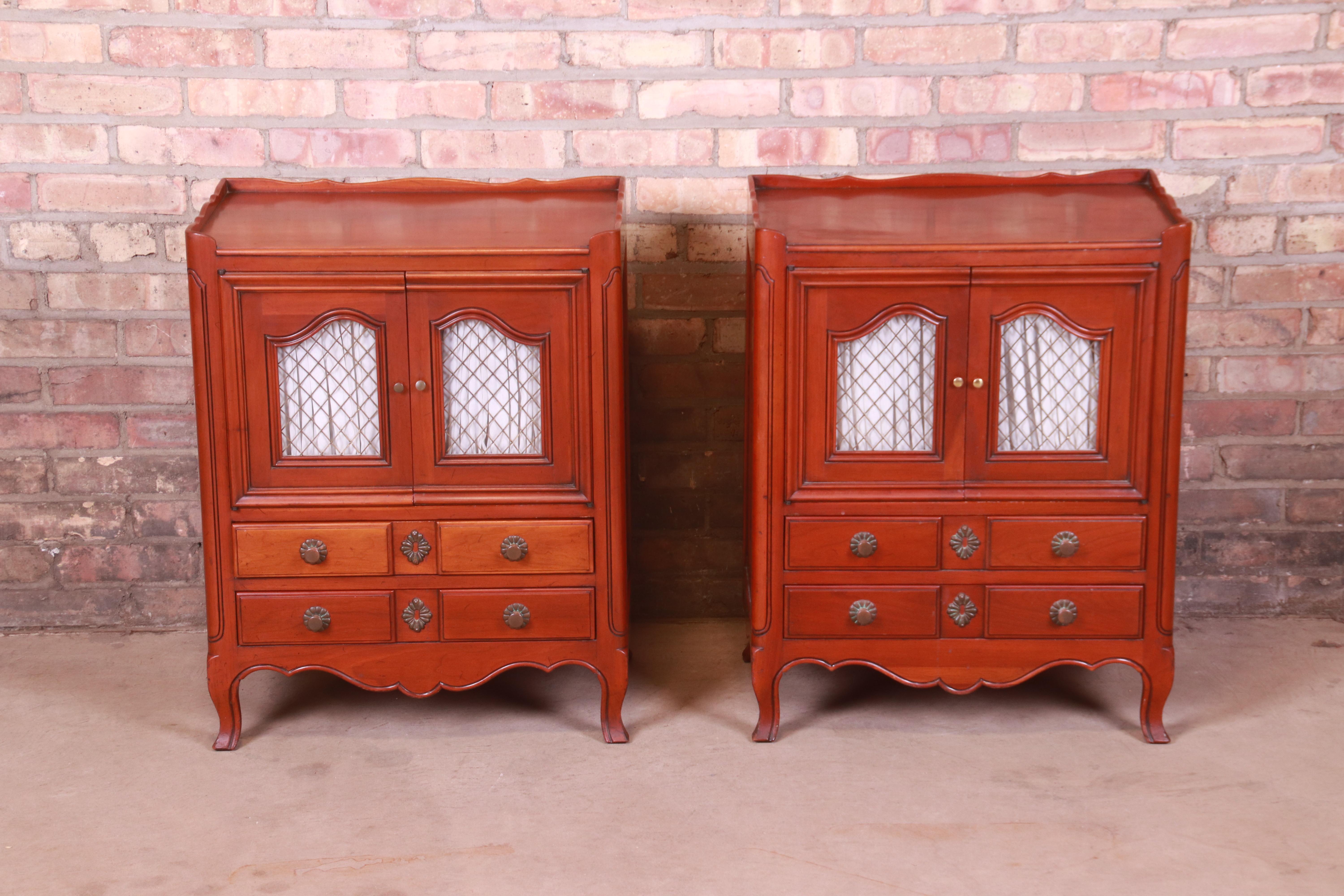 Brass John Widdicomb French Provincial Louis XV Cherry Wood Nightstands, Circa 1940s For Sale