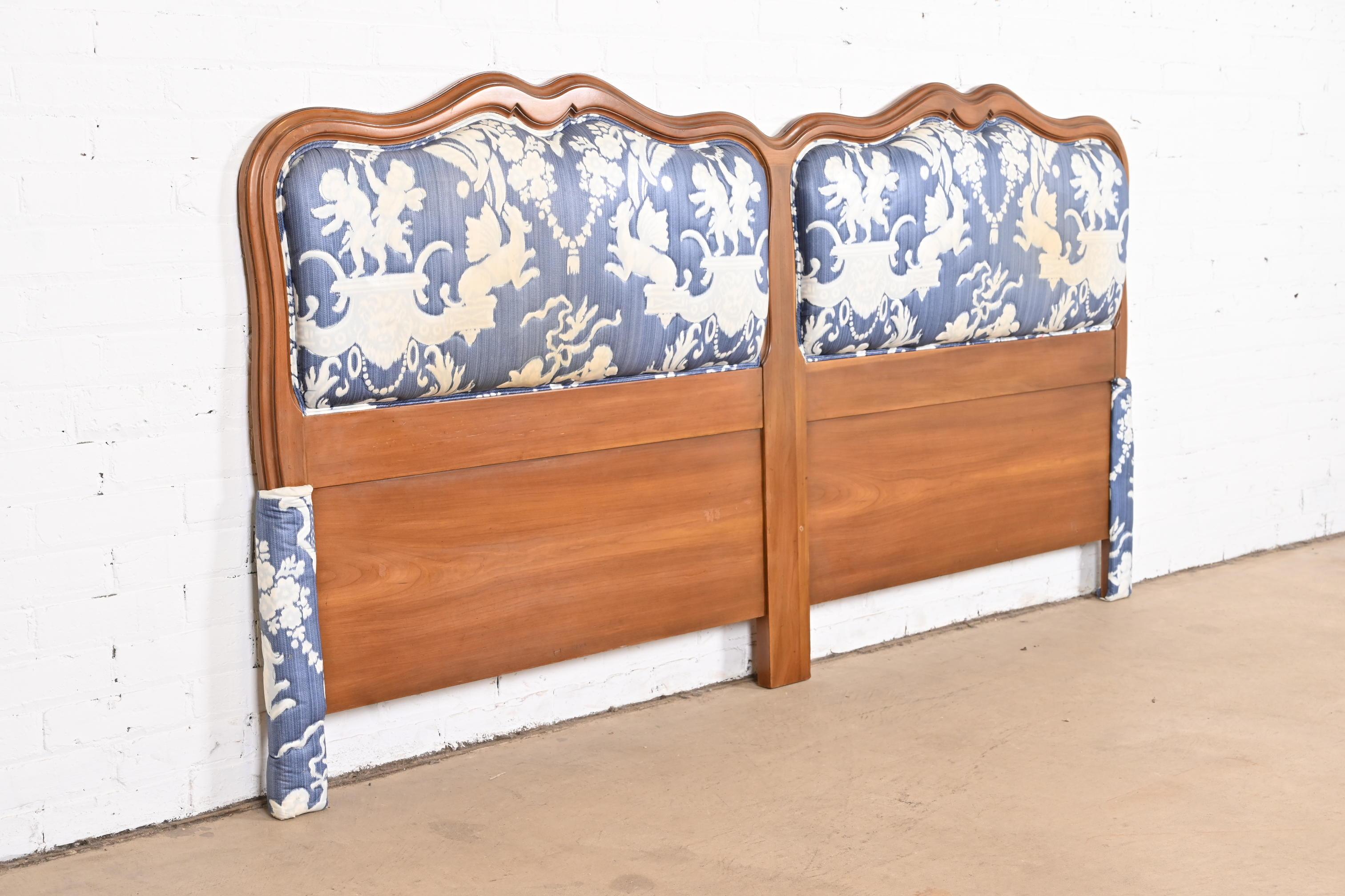 John Widdicomb French Provincial Louis XV Cherry Wood Upholstered King Headboard In Good Condition For Sale In South Bend, IN