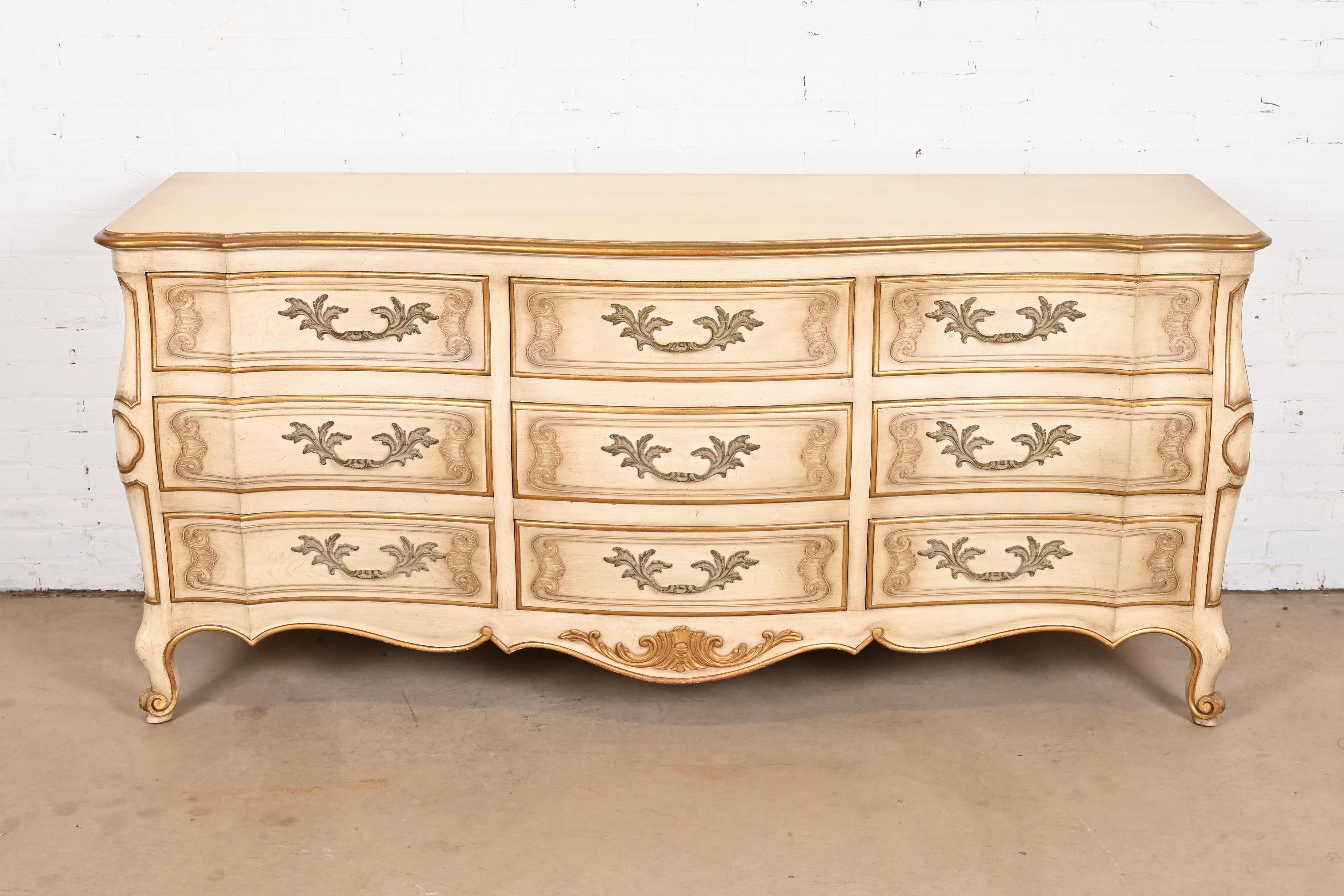 American John Widdicomb French Provincial Louis XV Cream Lacquered Parcel Gilt Dresser For Sale