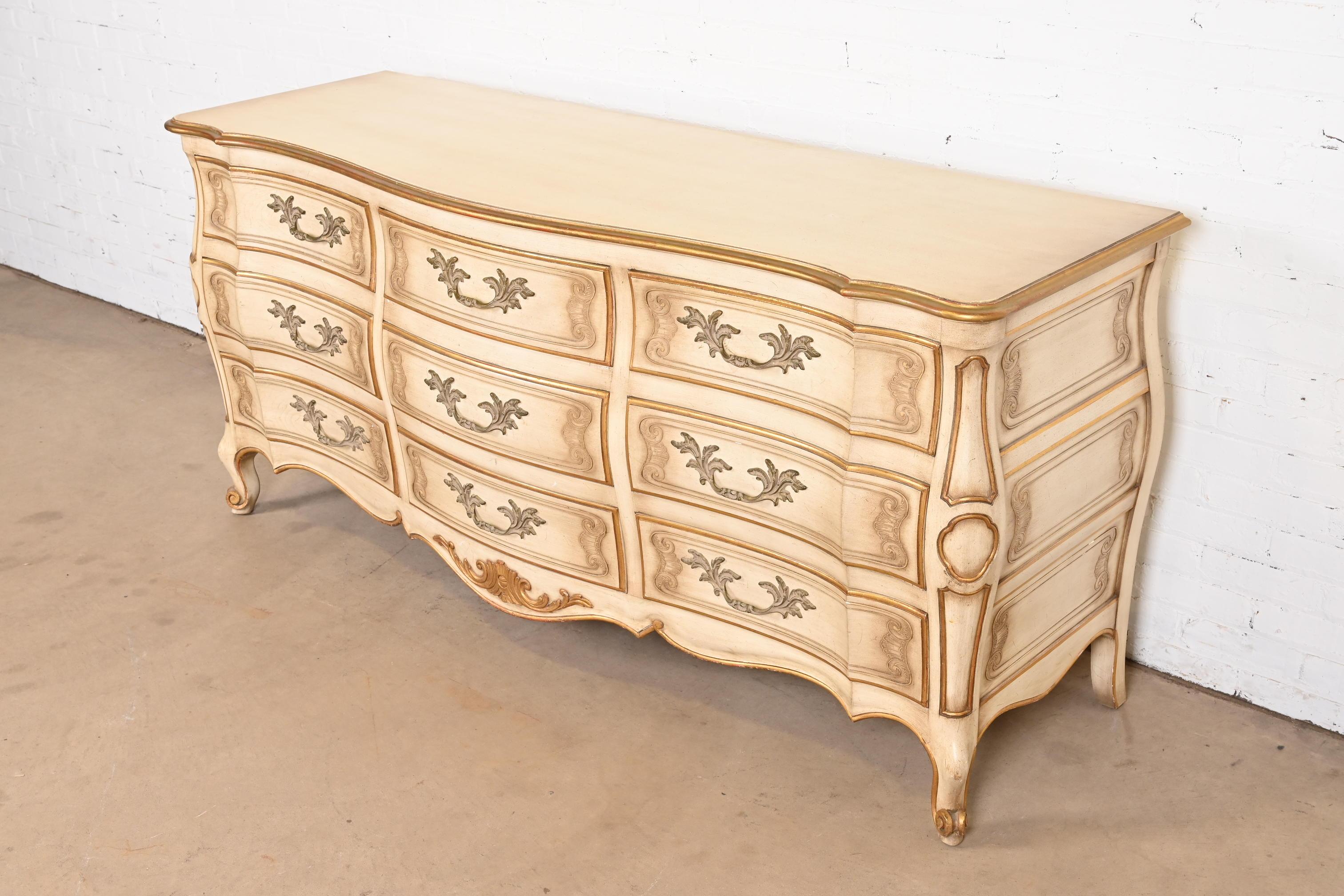 Mid-20th Century John Widdicomb French Provincial Louis XV Cream Lacquered Parcel Gilt Dresser For Sale