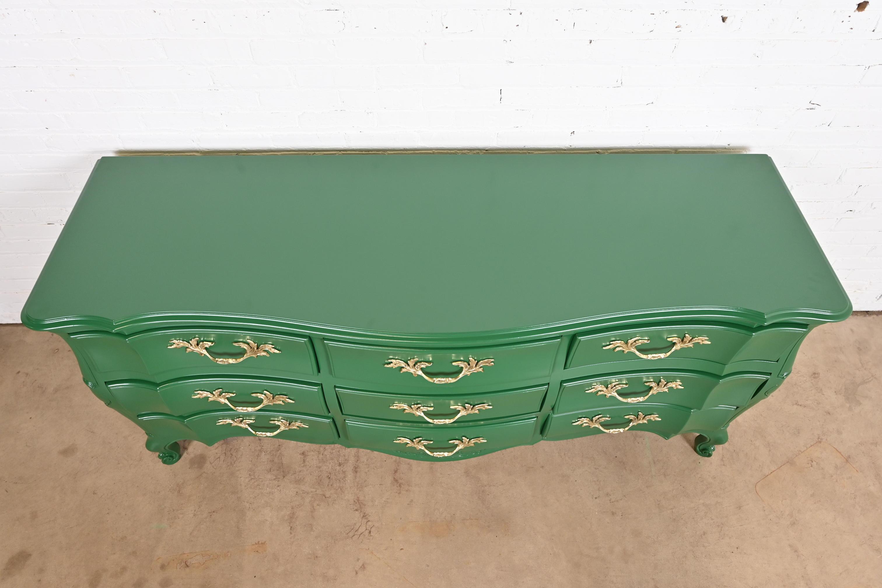 John Widdicomb French Provincial Louis XV Green Lacquered Triple Dresser For Sale 4