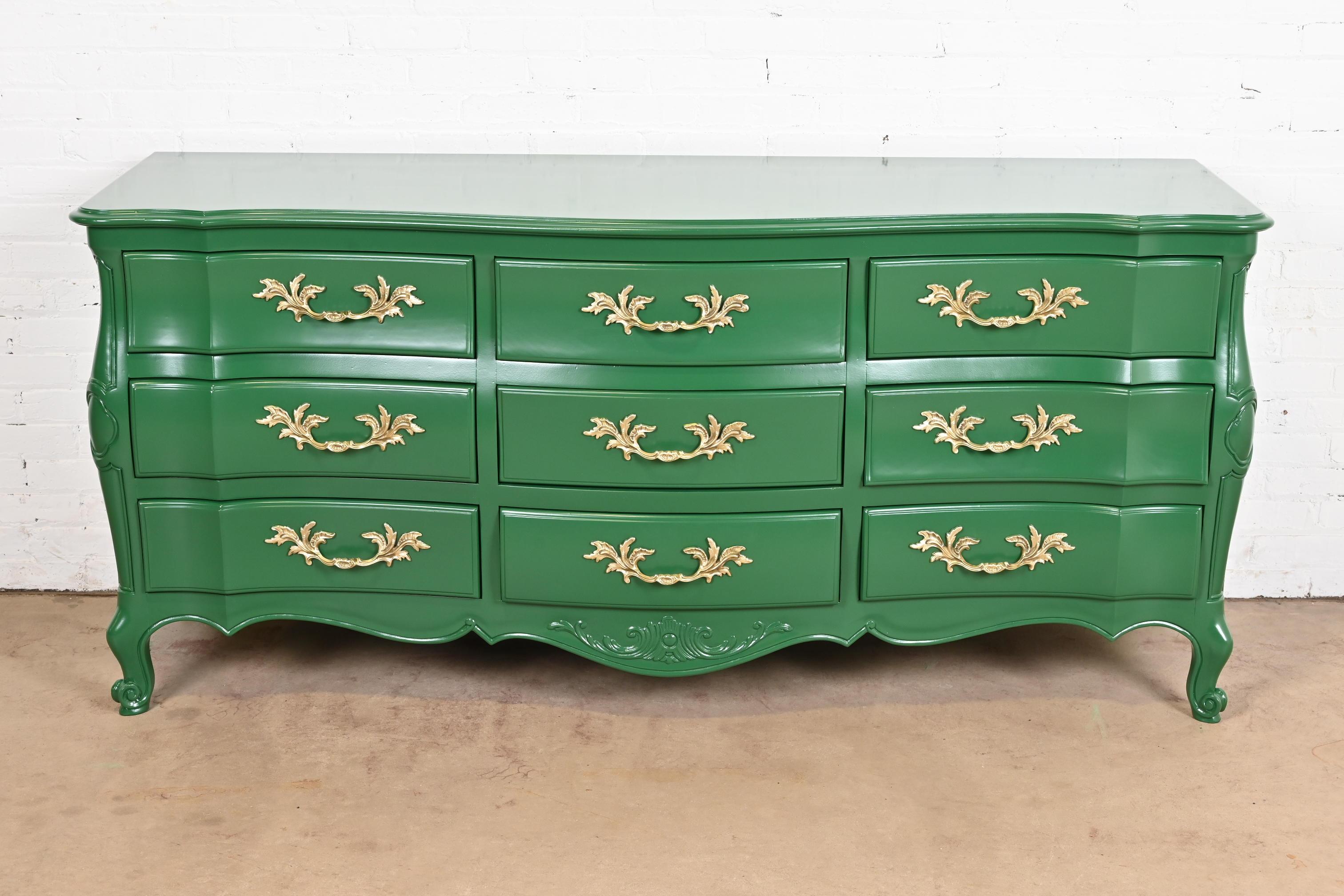 American John Widdicomb French Provincial Louis XV Green Lacquered Triple Dresser For Sale