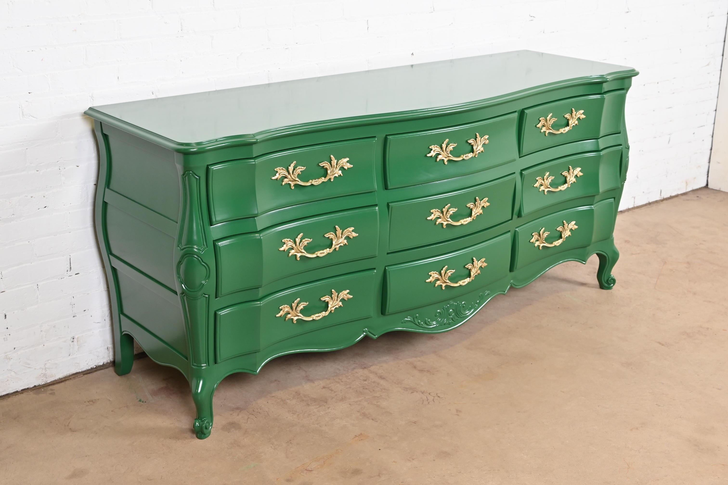 Late 20th Century John Widdicomb French Provincial Louis XV Green Lacquered Triple Dresser For Sale