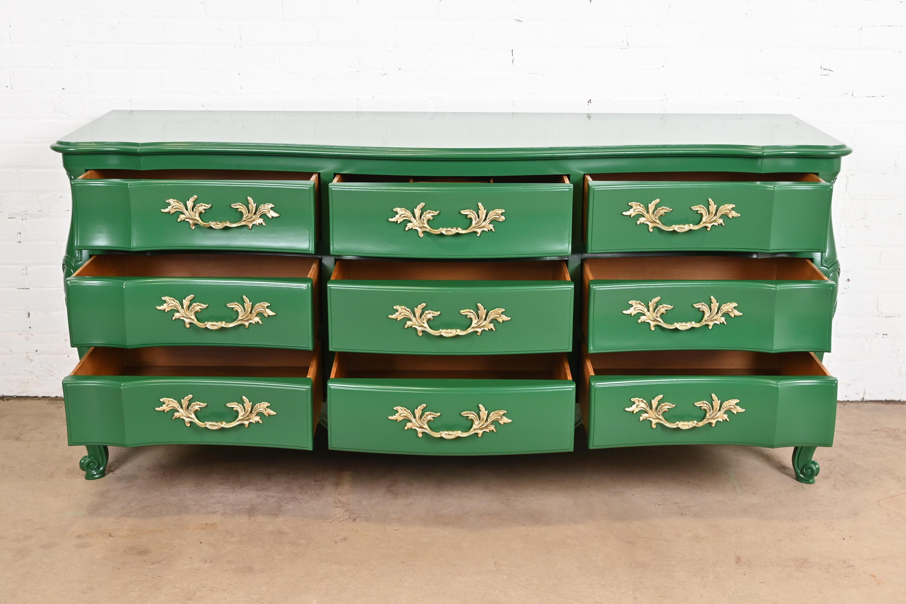 Brass John Widdicomb French Provincial Louis XV Green Lacquered Triple Dresser For Sale