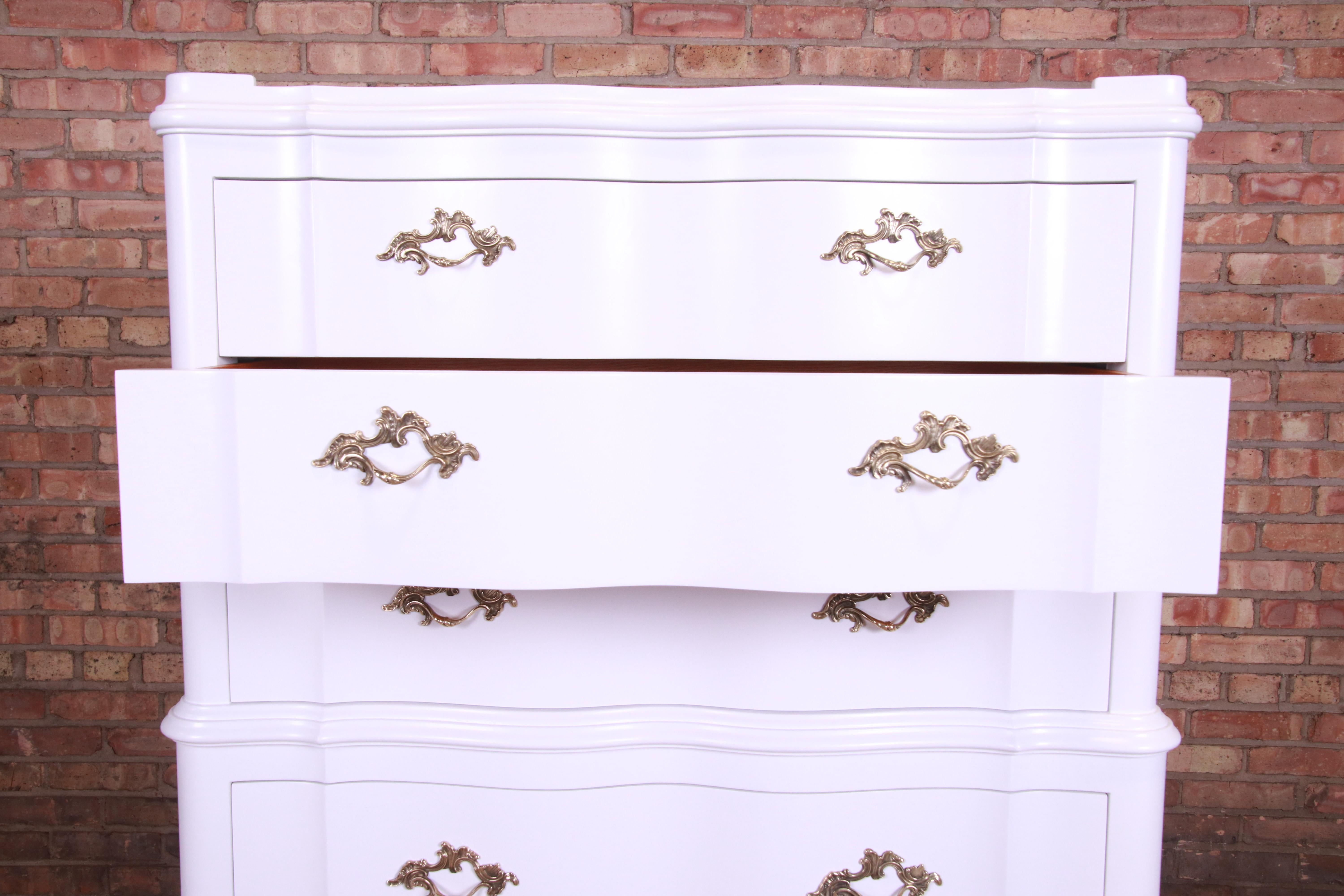 Brass John Widdicomb French Provincial Louis XV Lacquered Highboy Dresser, Refinished For Sale