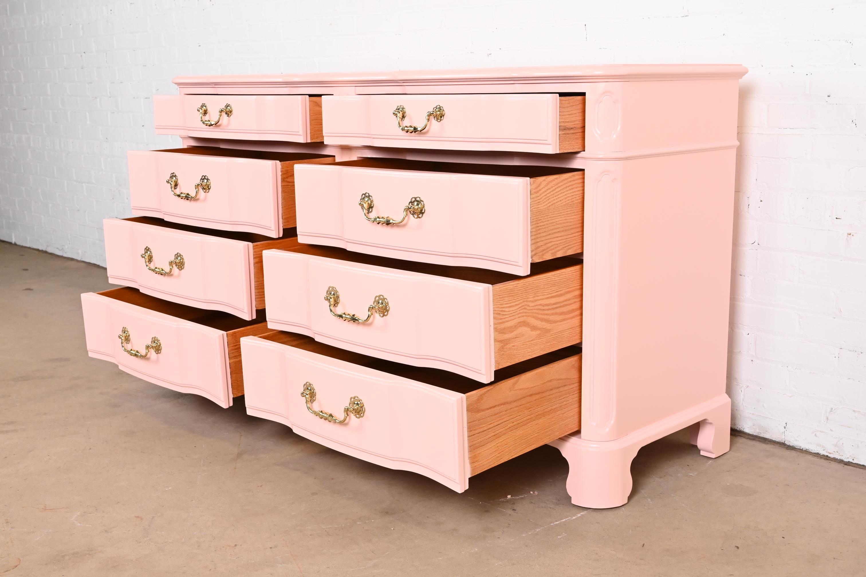 John Widdicomb French Provincial Louis XV Pink Lacquered Dresser, Refinished 4