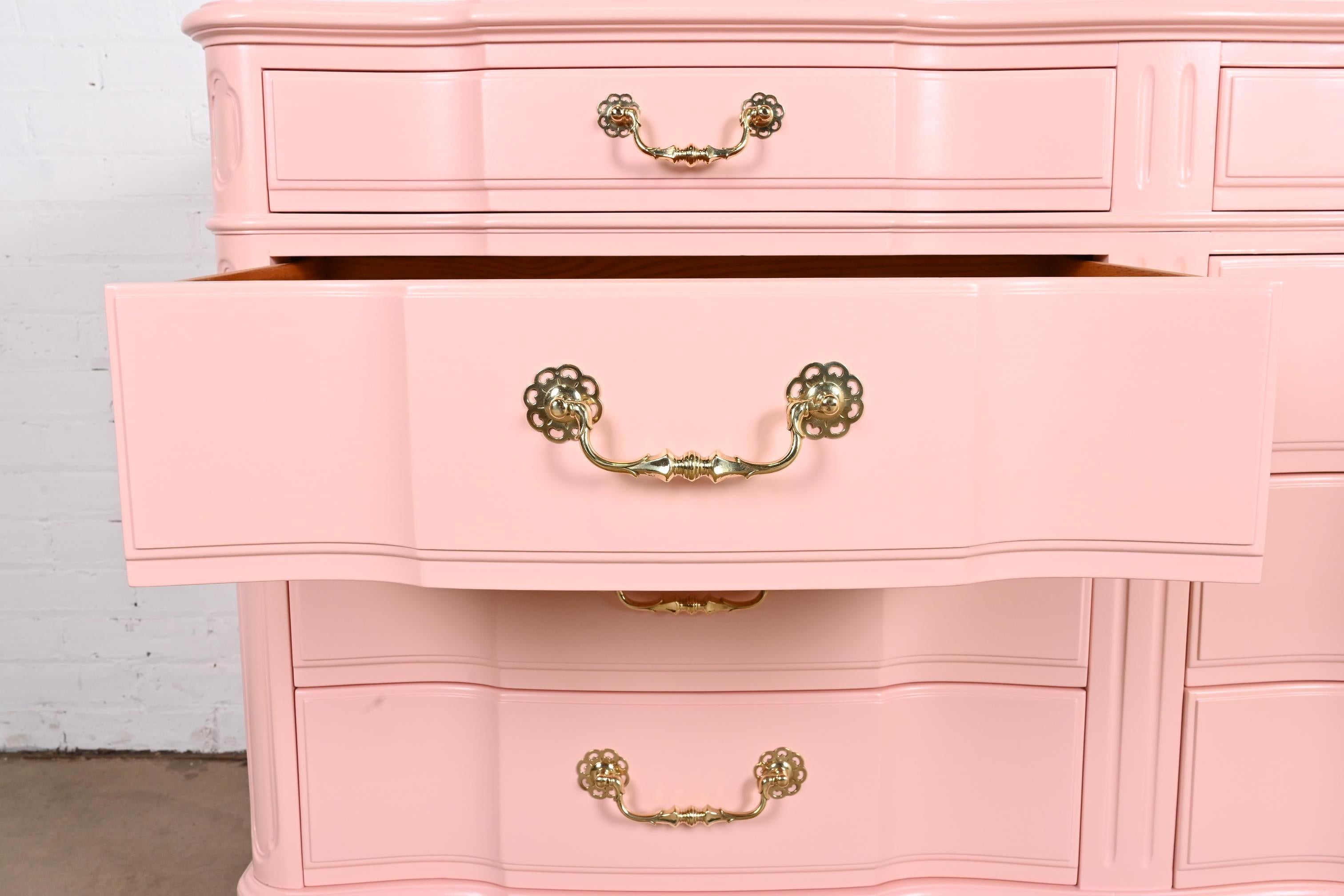 John Widdicomb French Provincial Louis XV Pink Lacquered Dresser, Refinished 5