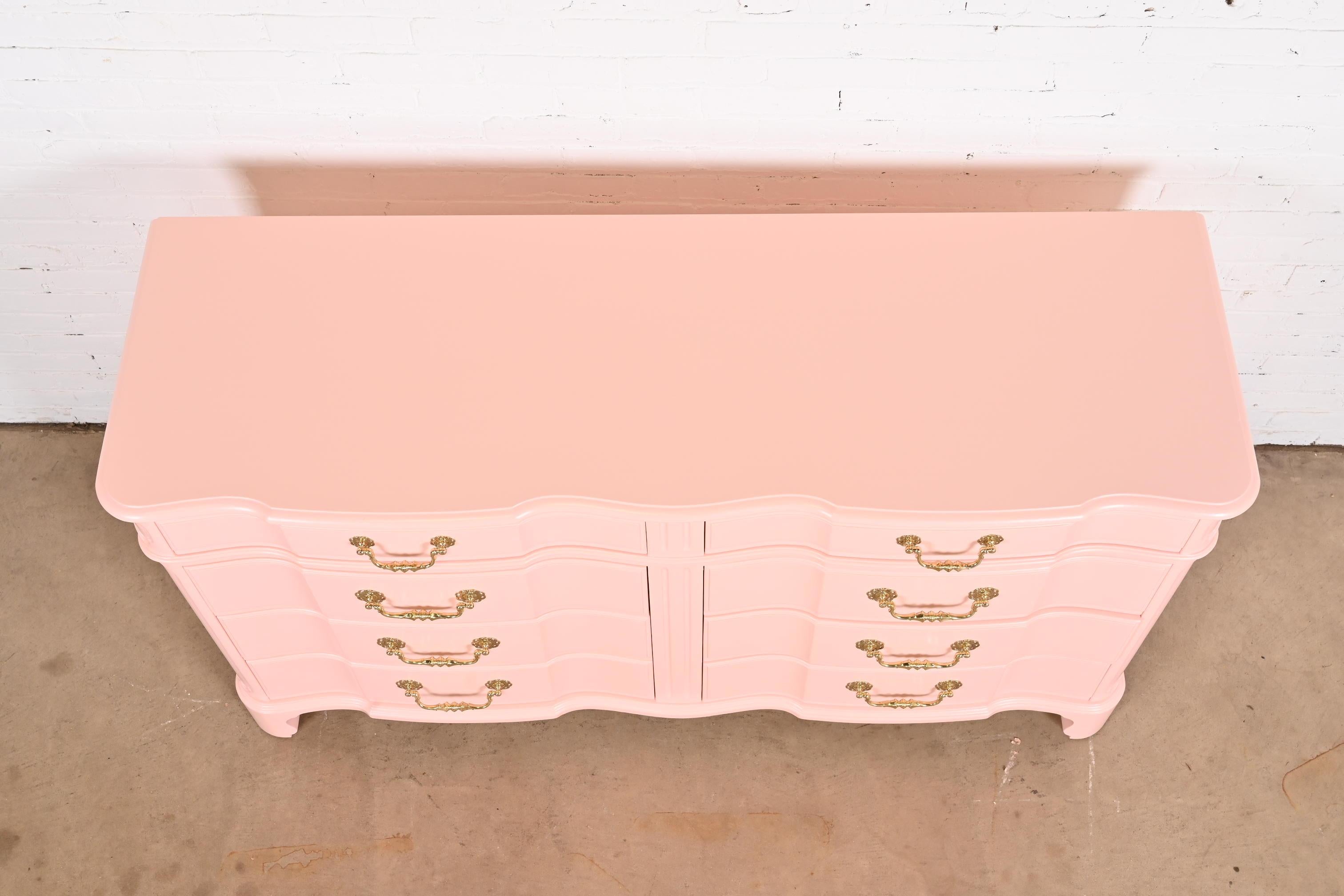 John Widdicomb French Provincial Louis XV Pink Lacquered Dresser, Refinished 9