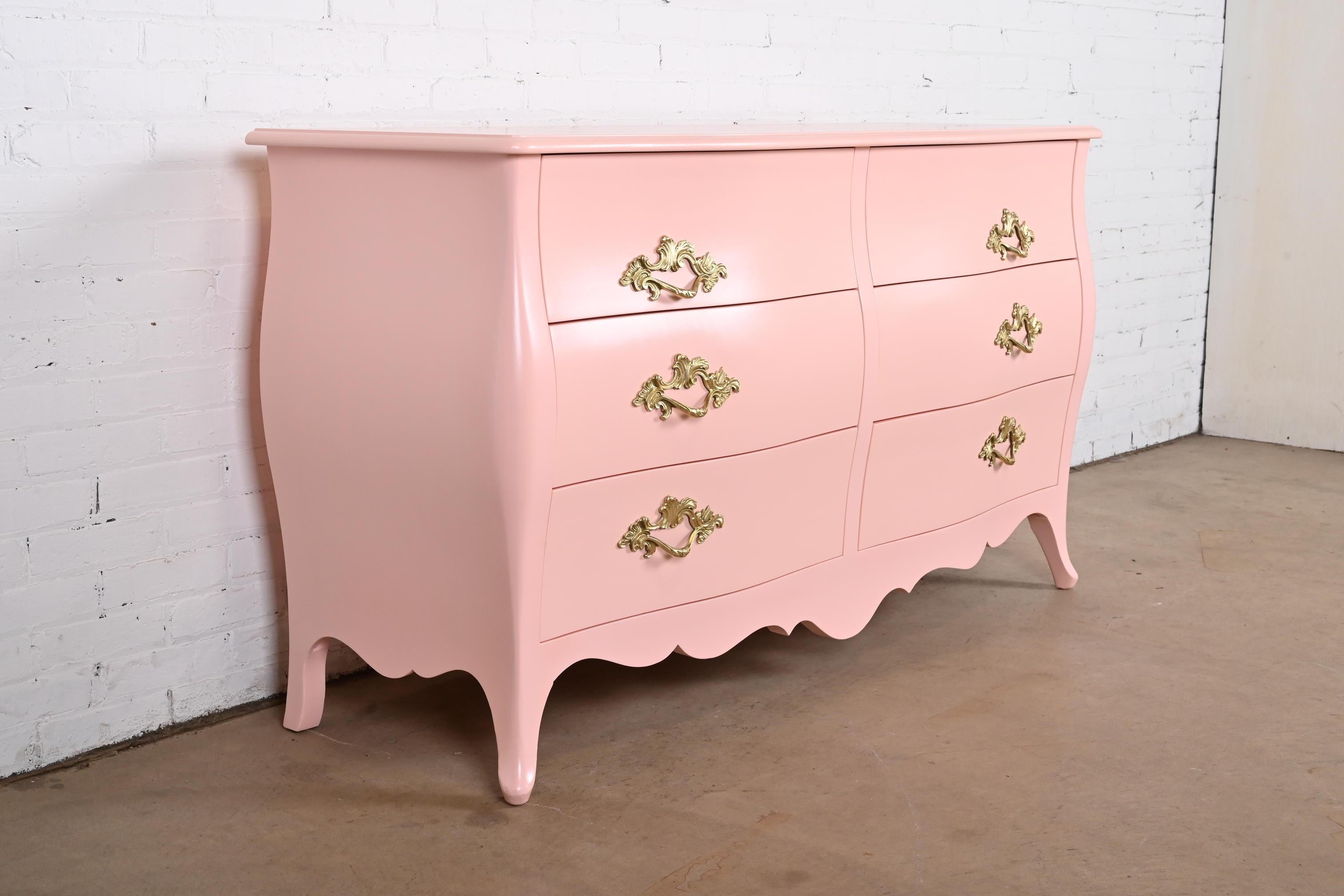 Brass John Widdicomb French Provincial Louis XV Pink Lacquered Dresser, Refinished For Sale