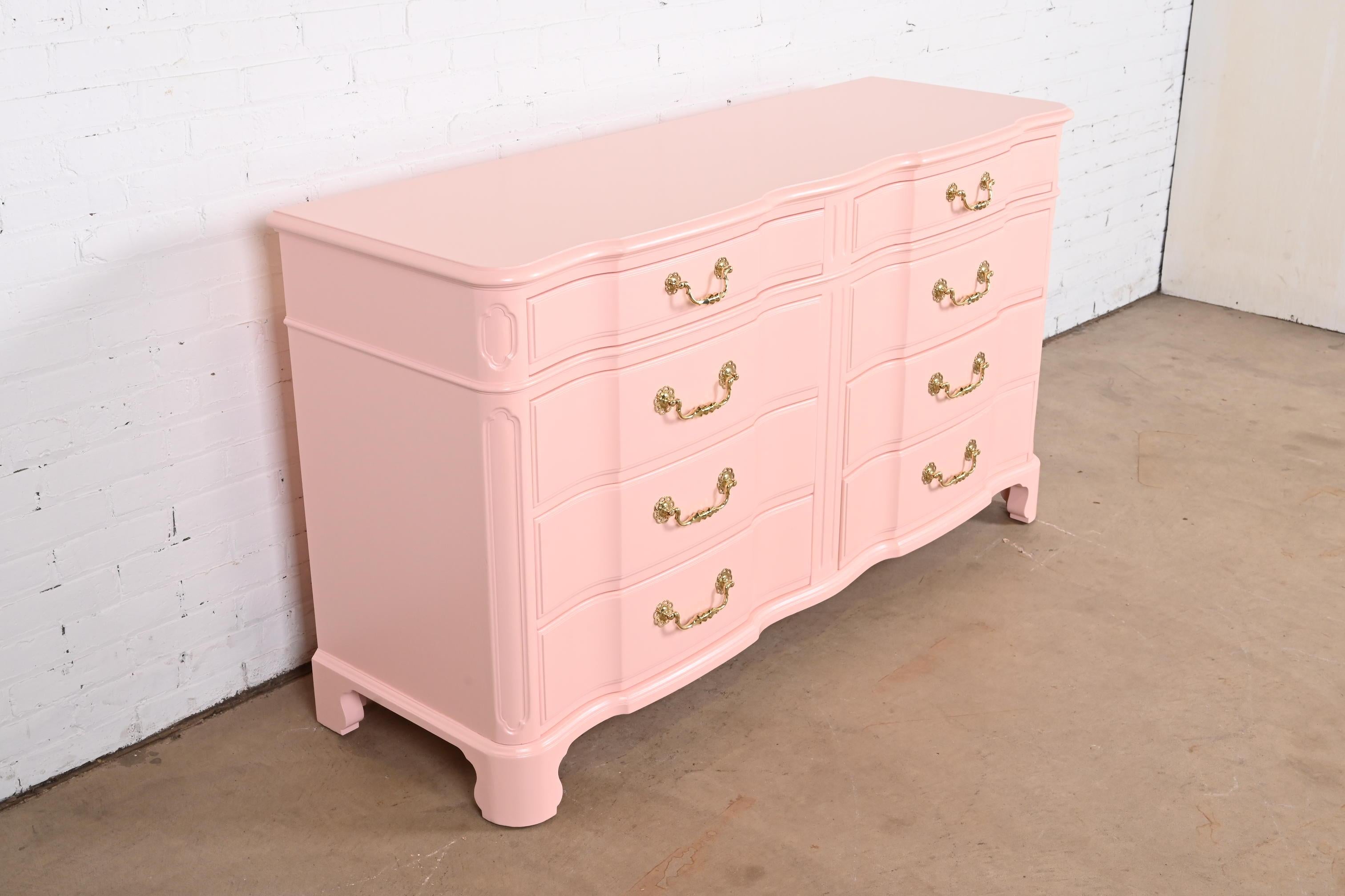 Brass John Widdicomb French Provincial Louis XV Pink Lacquered Dresser, Refinished