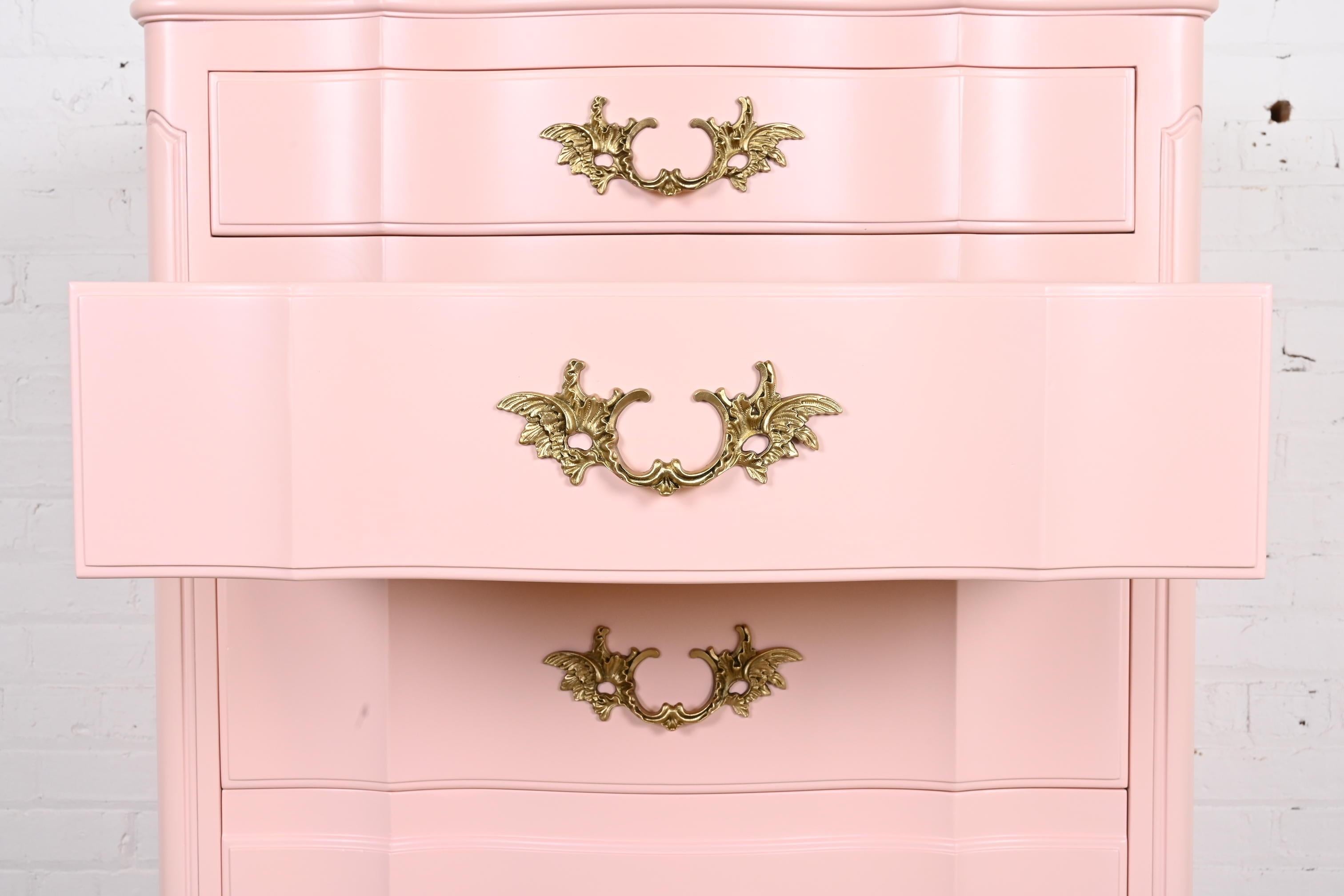 John Widdicomb French Provincial Louis XV Pink Lacquered Highboy Dresser 1