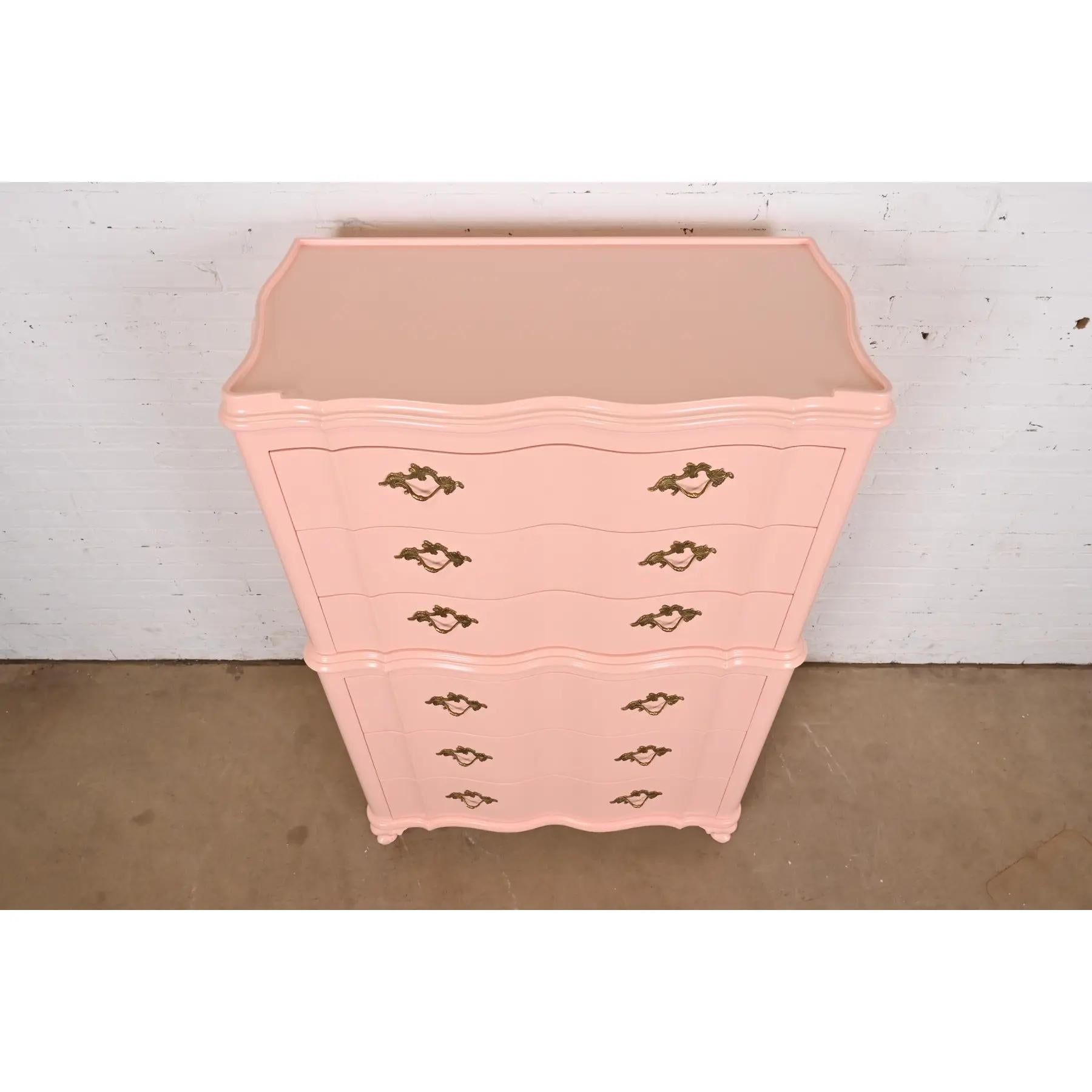 John Widdicomb French Provincial Louis XV Pink Lacquered Highboy Dresser For Sale 4