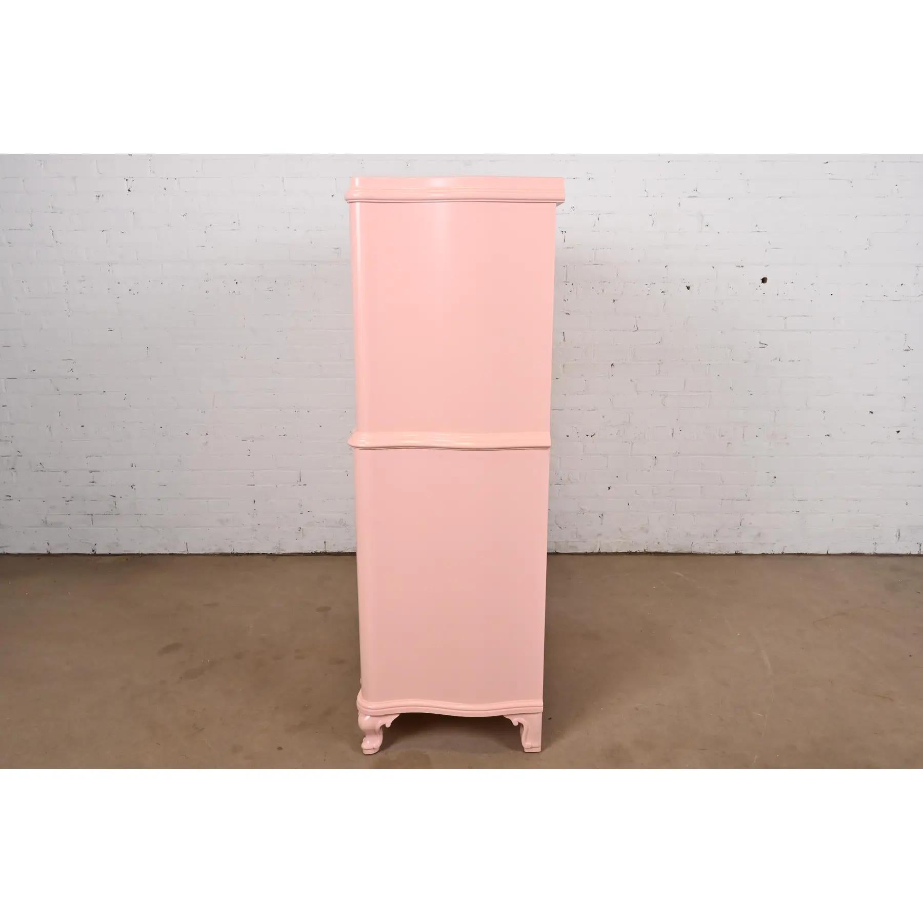 John Widdicomb French Provincial Louis XV Pink Lacquered Highboy Dresser For Sale 5
