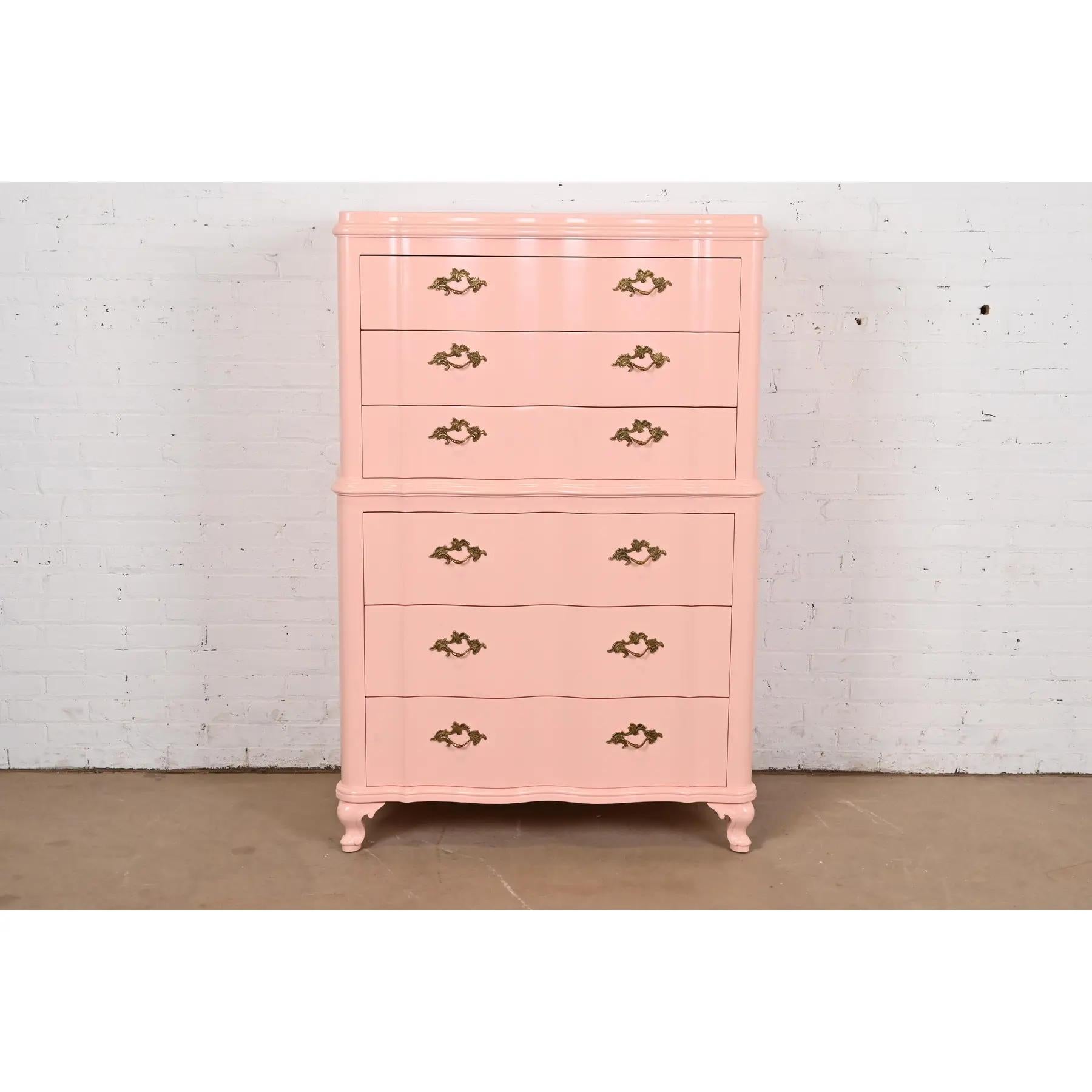 American John Widdicomb French Provincial Louis XV Pink Lacquered Highboy Dresser For Sale