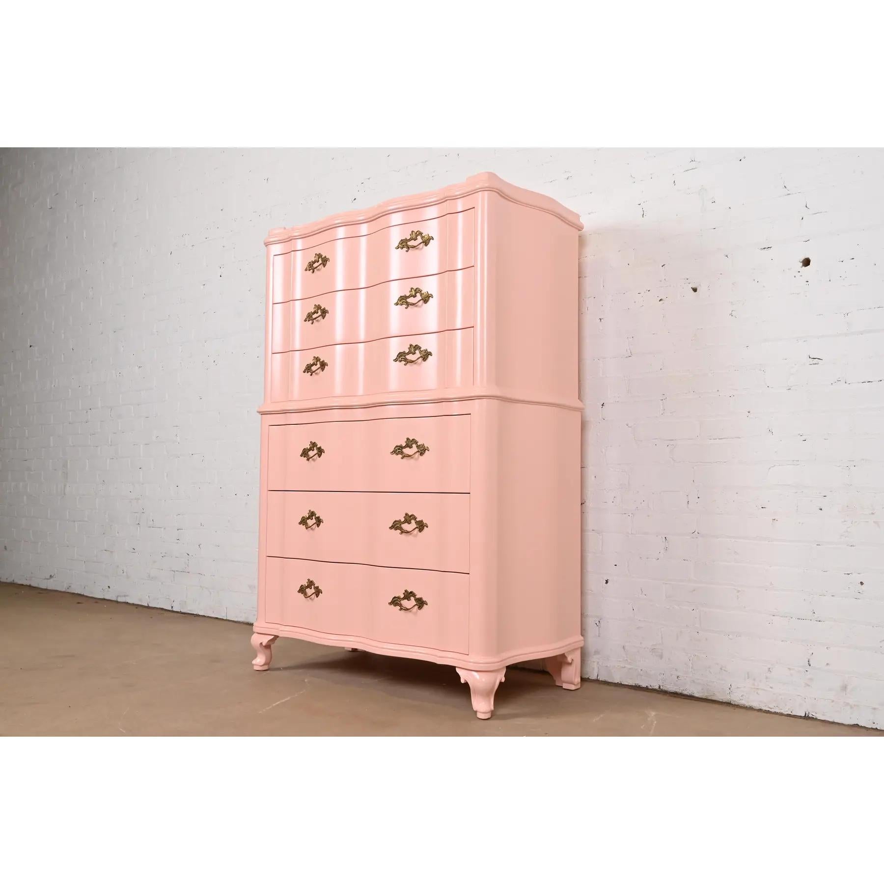 John Widdicomb French Provincial Louis XV Pink Lacquered Highboy Dresser In Good Condition For Sale In South Bend, IN