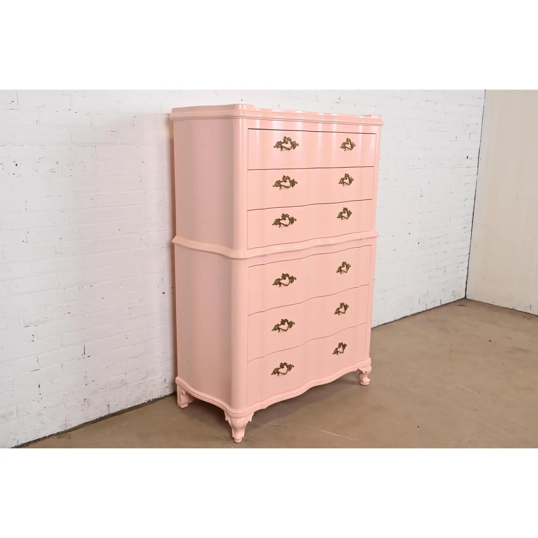 Mid-20th Century John Widdicomb French Provincial Louis XV Pink Lacquered Highboy Dresser For Sale