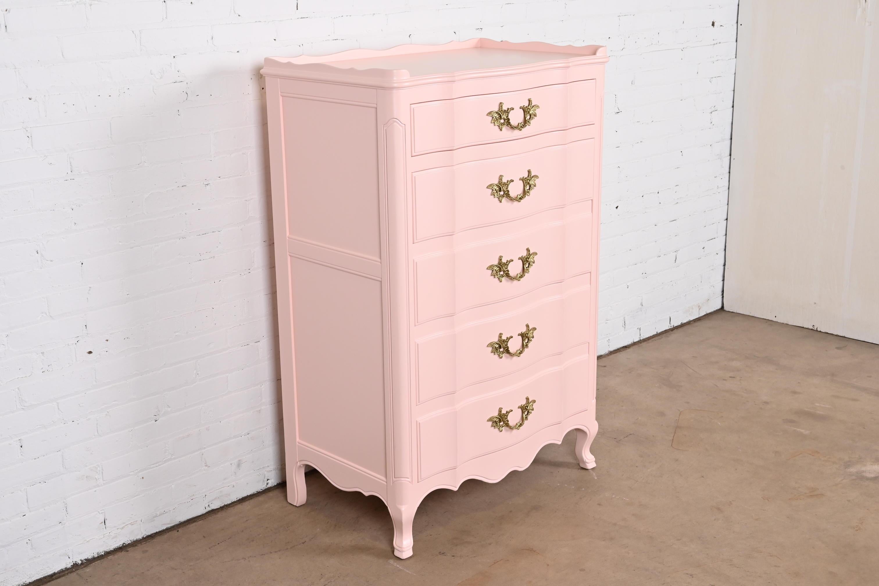 American John Widdicomb French Provincial Louis XV Pink Lacquered Highboy Dresser