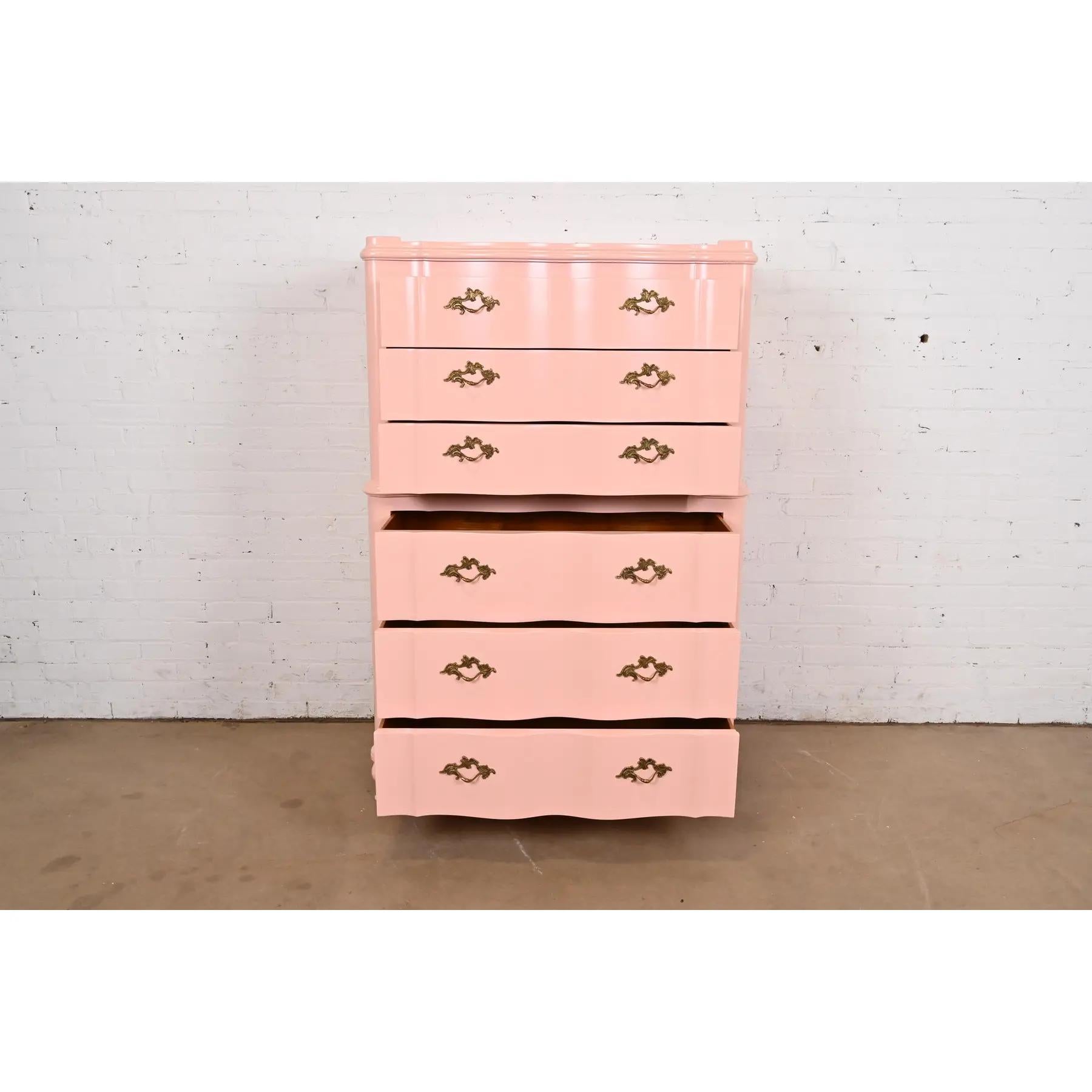 Brass John Widdicomb French Provincial Louis XV Pink Lacquered Highboy Dresser For Sale