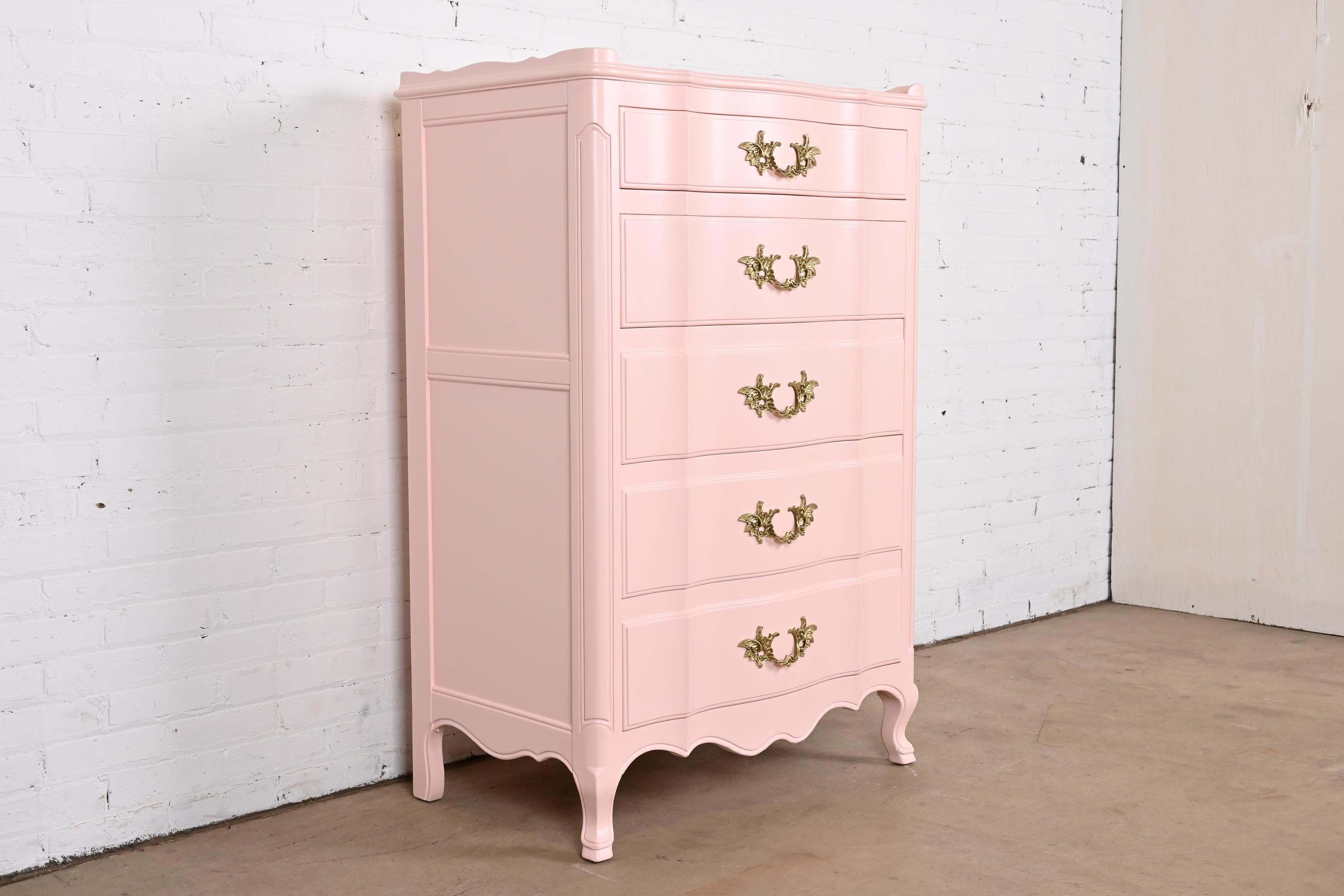 John Widdicomb French Provincial Louis XV Pink Lacquered Highboy Dresser In Good Condition In South Bend, IN