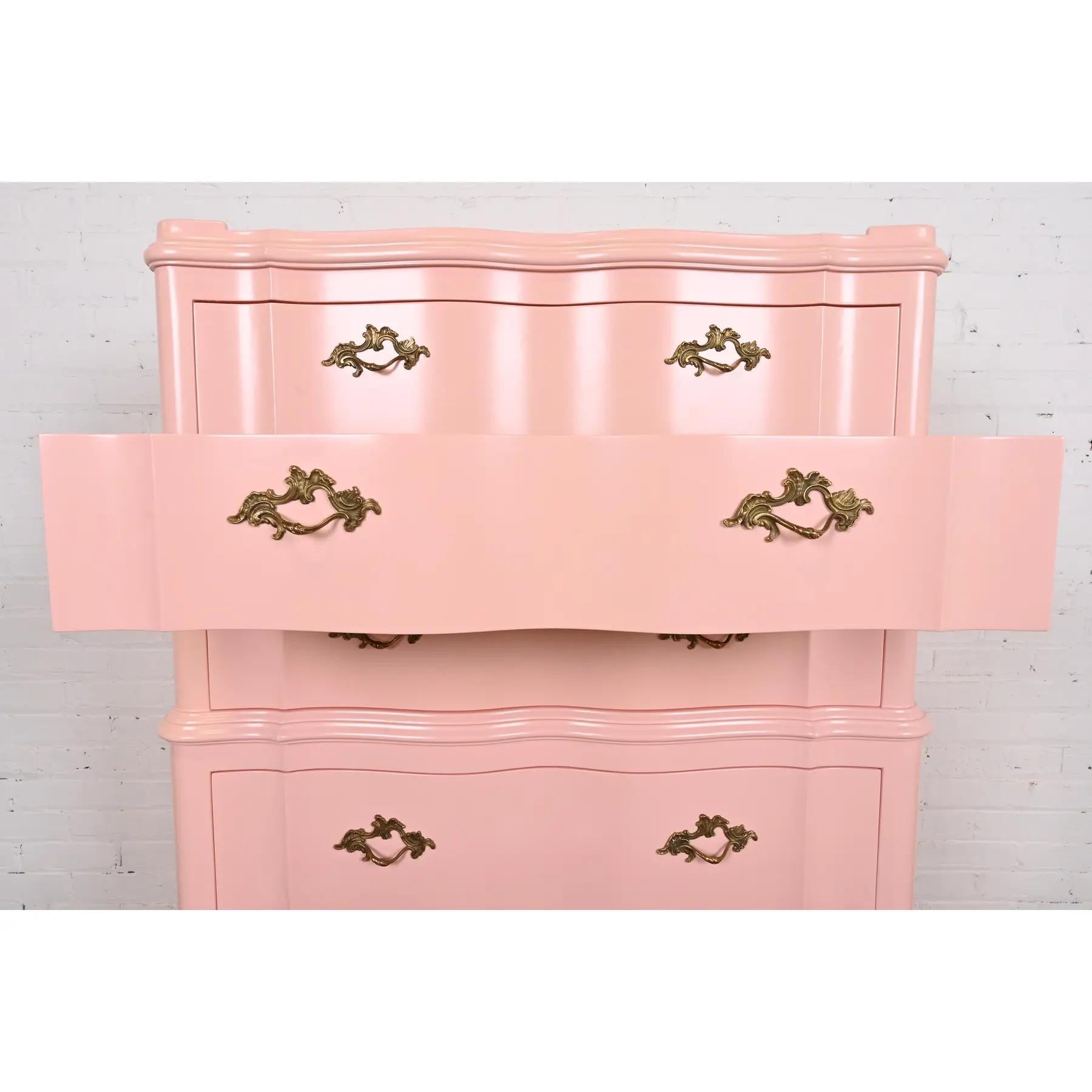 John Widdicomb French Provincial Louis XV Pink Lacquered Highboy Dresser For Sale 1
