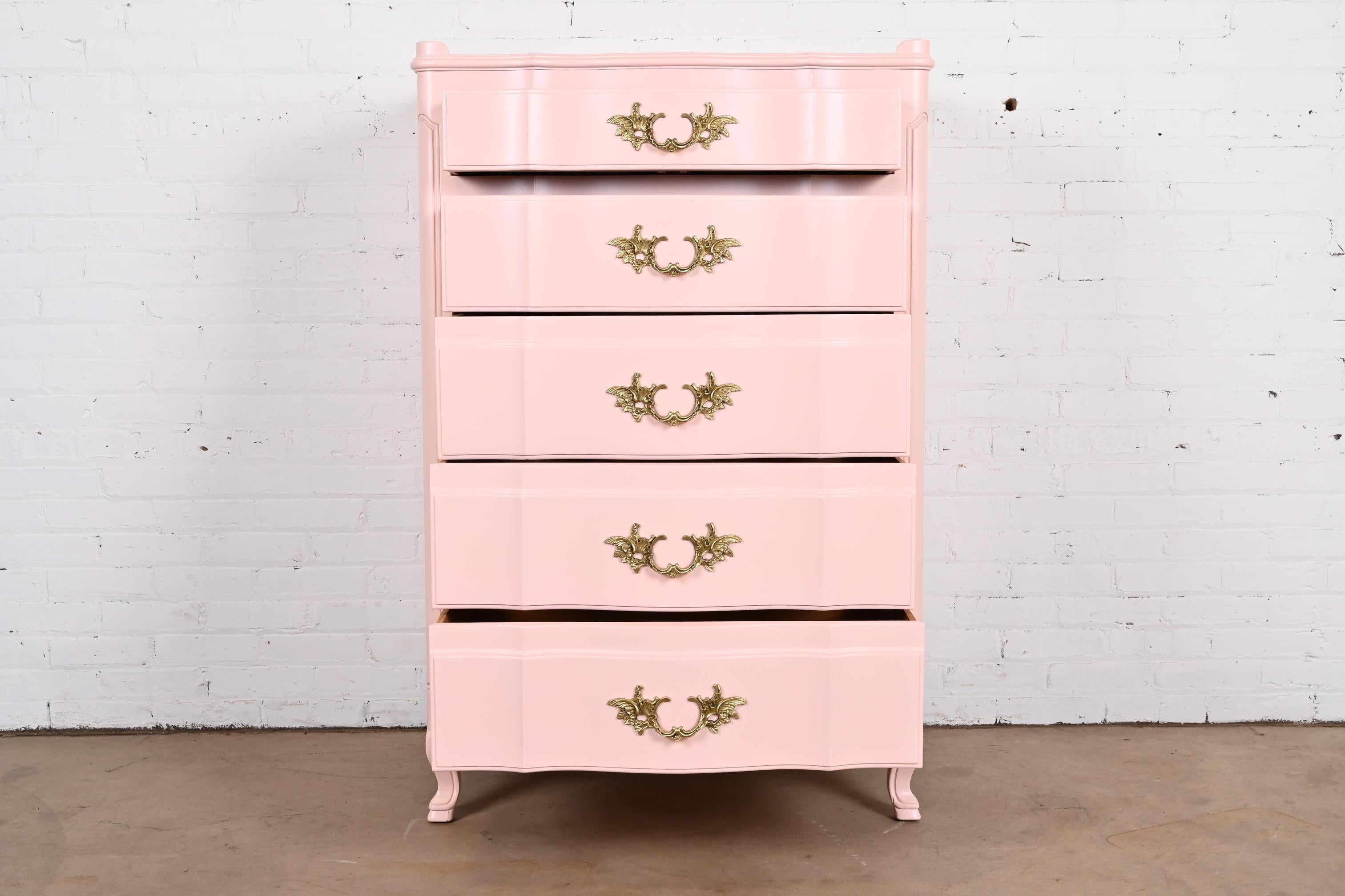 Mid-20th Century John Widdicomb French Provincial Louis XV Pink Lacquered Highboy Dresser