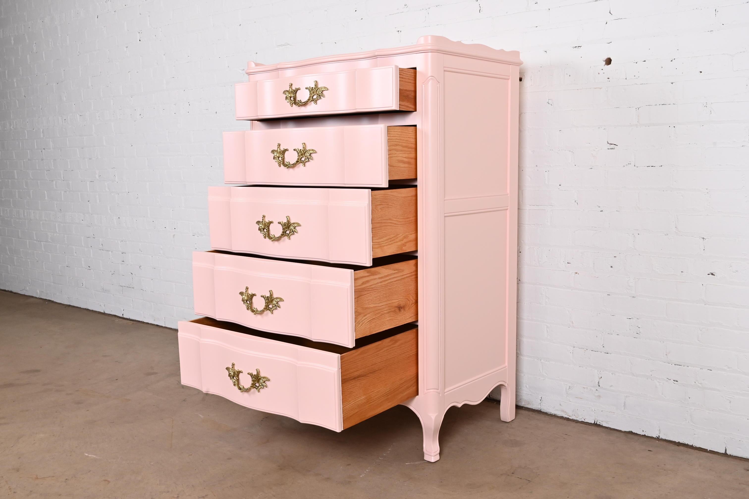 Brass John Widdicomb French Provincial Louis XV Pink Lacquered Highboy Dresser