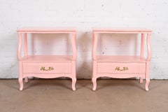 John Widdicomb French Provincial Louis XV Pink Lacquered Nightstands, Pair
