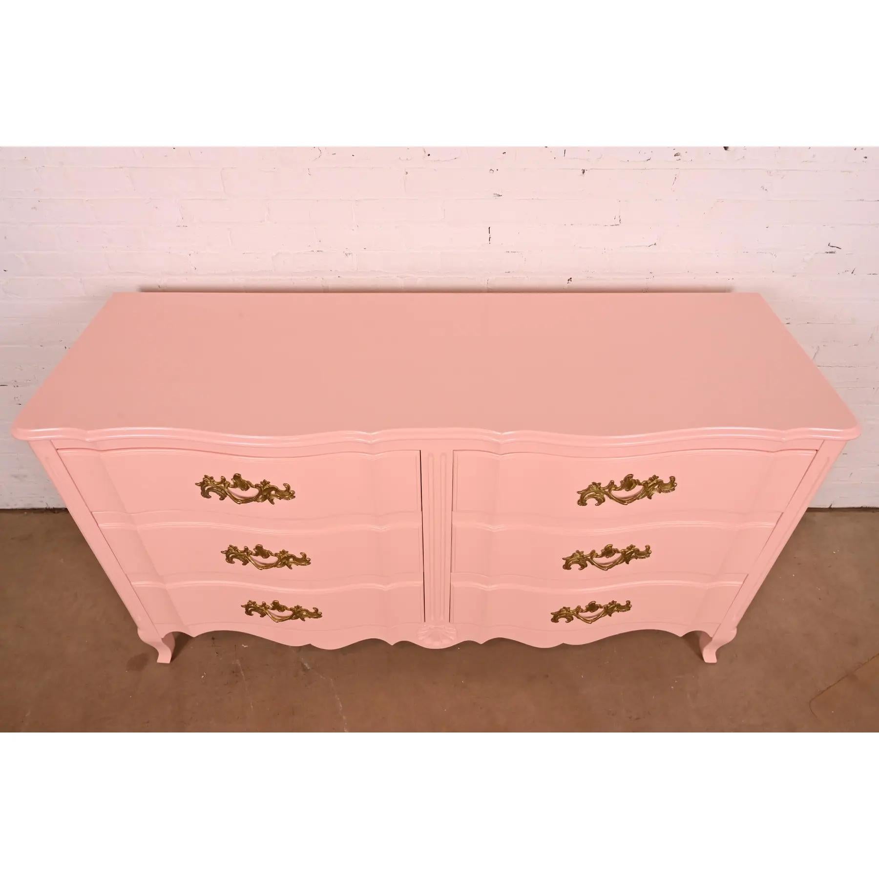 John Widdicomb French Provincial Louis XV Pink Lacquered Six-Drawer Dresser For Sale 4