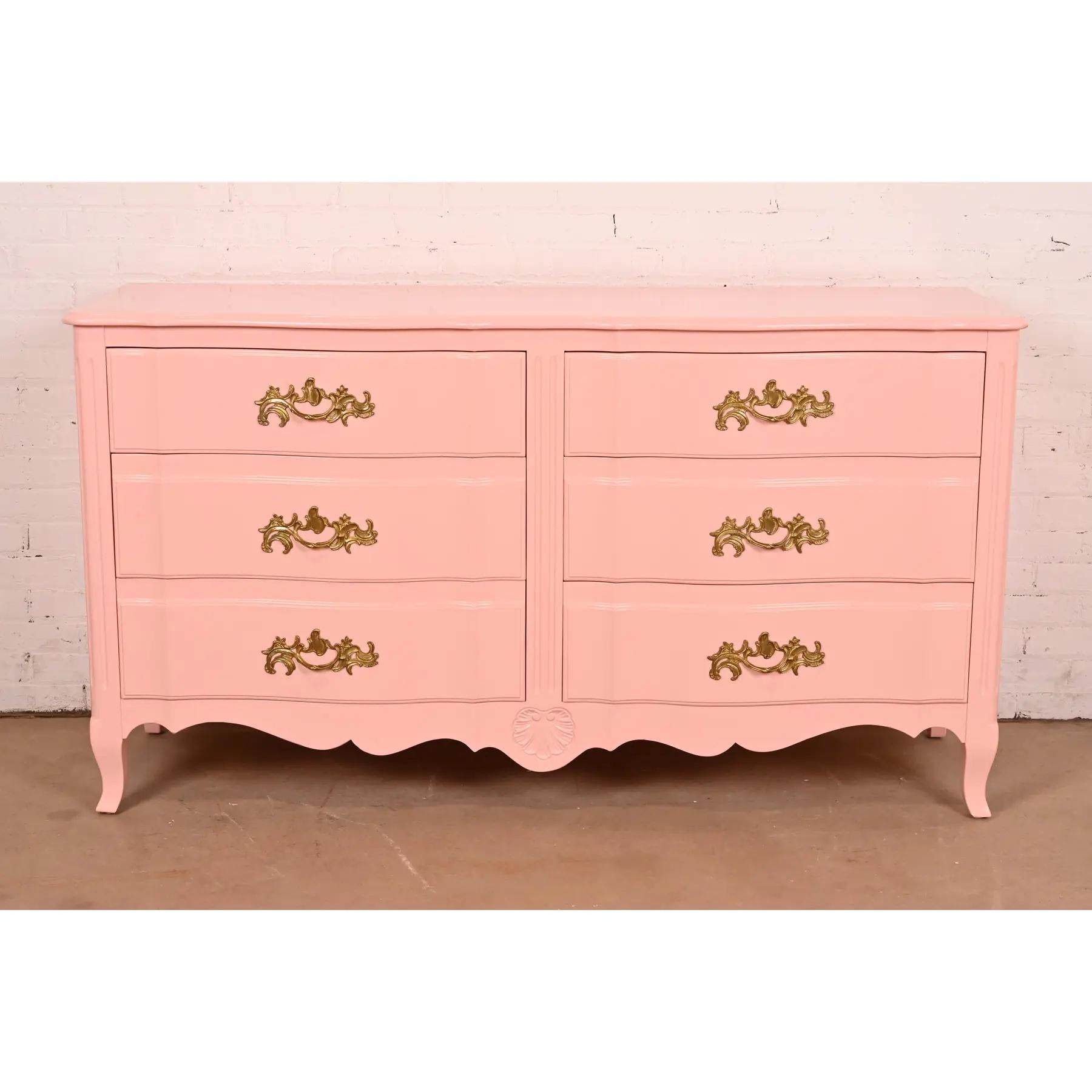 American John Widdicomb French Provincial Louis XV Pink Lacquered Six-Drawer Dresser For Sale