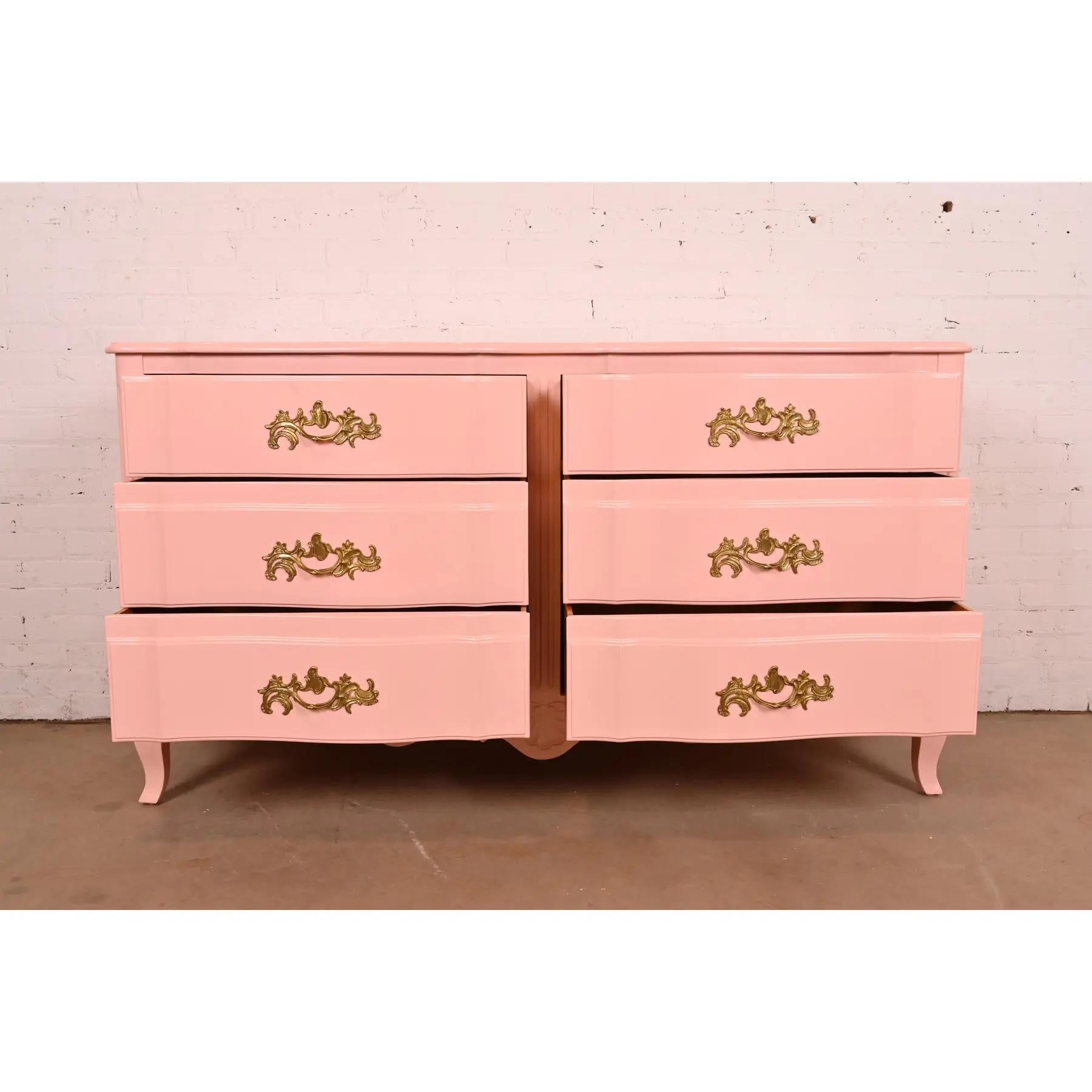 Brass John Widdicomb French Provincial Louis XV Pink Lacquered Six-Drawer Dresser For Sale