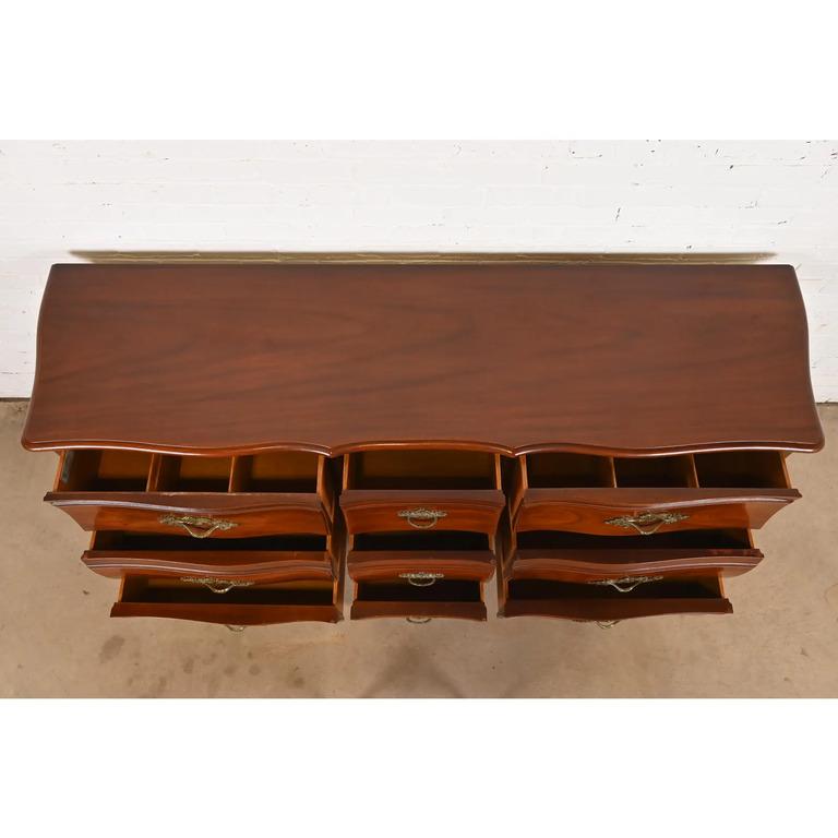 Brass John Widdicomb French Provincial Louis XV Solid Mahogany Nine-Drawer Dresser For Sale