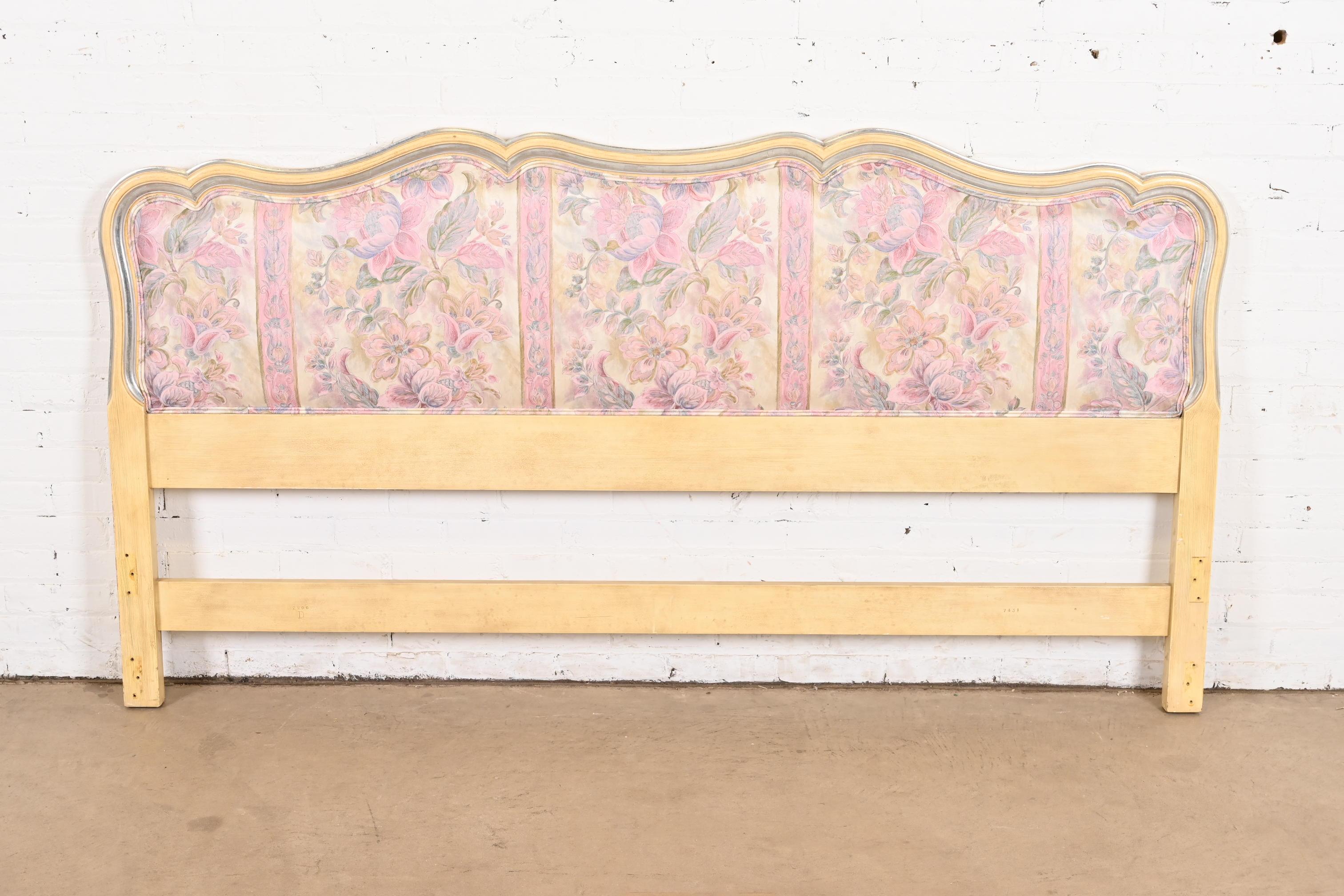 A gorgeous French Provincial Louis XV style king size headboard

By John Widdicomb

USA, 1950s

Solid carved cherry wood, with original cream lacquered finish, silver gilt trim, and beautiful  floral upholstery.

Measures: 79.5